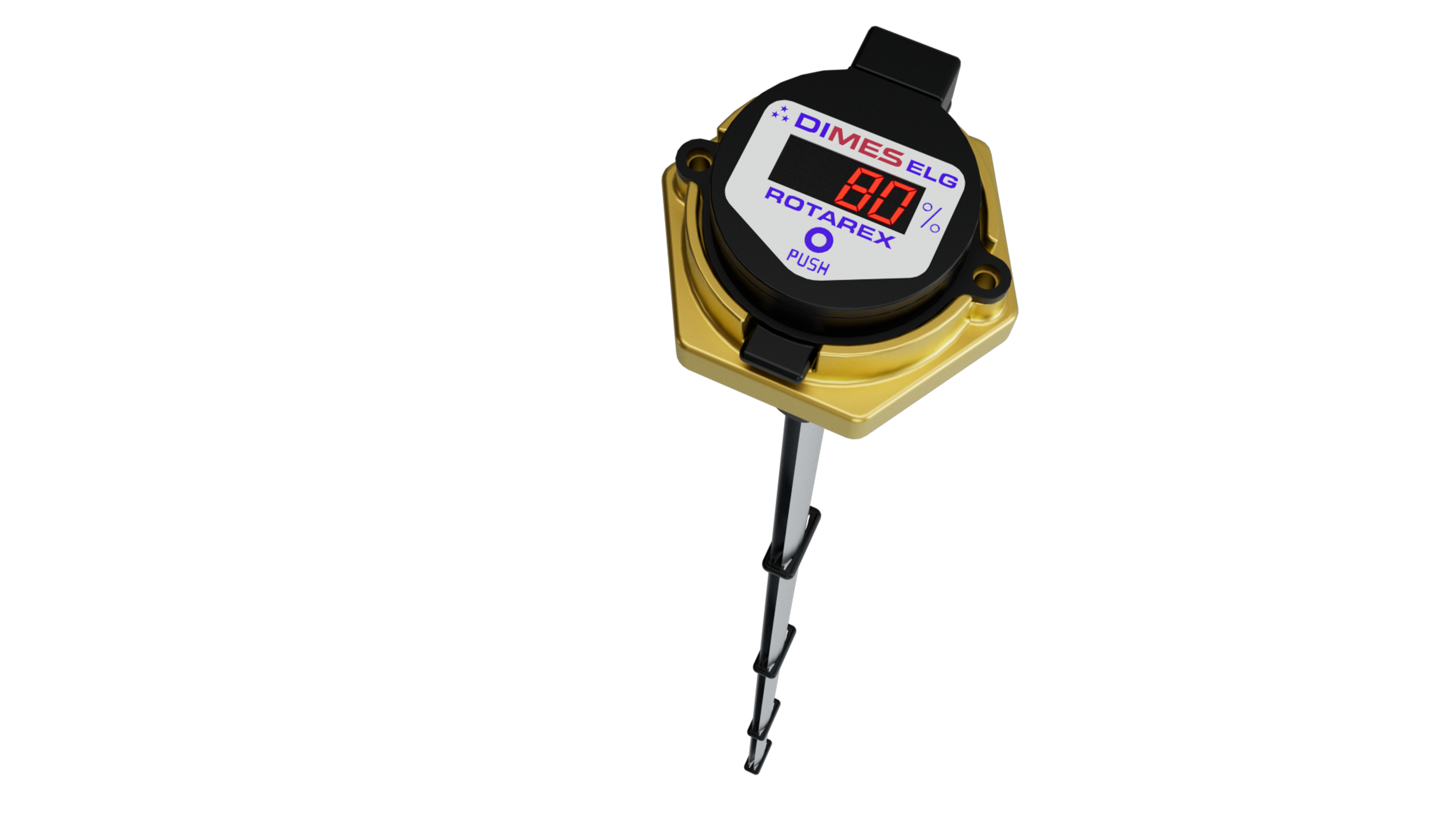 A digital dipstick with a display reading “80%,” labeled “DIMES ELO” and “ROTALEX,” attached to a gold base, used for measuring fluid levels.