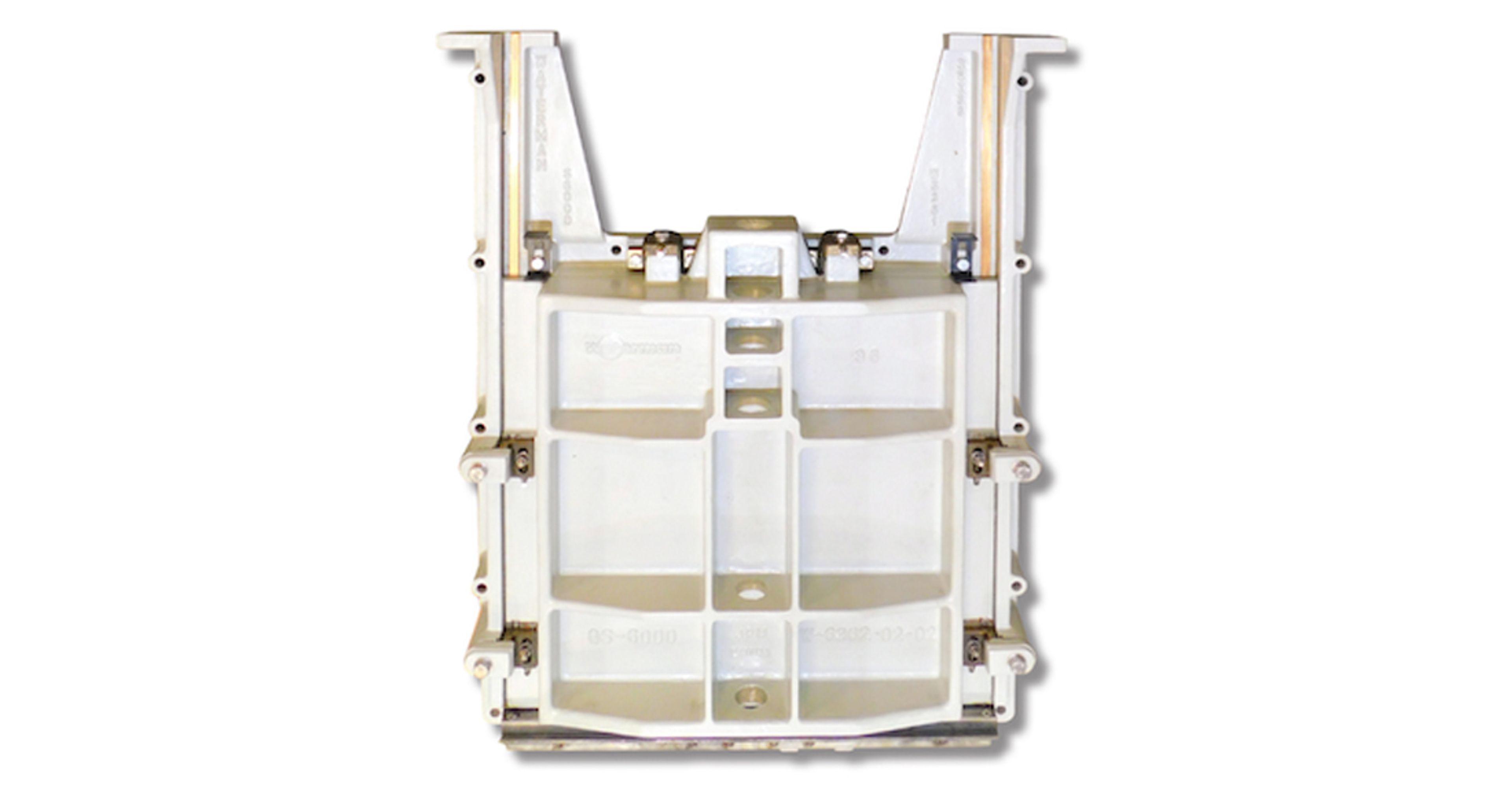 Rectangular metal structural aircraft part with multiple compartments, bolts, and support beams, shown against a white background.