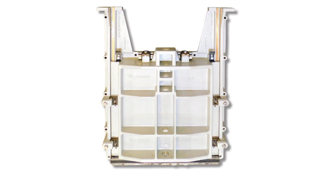 Rectangular metal structural aircraft part with multiple compartments, bolts, and support beams, shown against a white background.