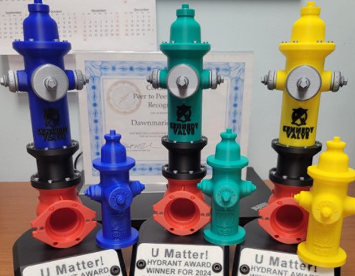 Colorful plastic fire hydrant models in blue, red, yellow, and teal are displayed on stands labeled “U Matter! Hydrant Award Winner for 2024.” A certificate and calendar are visible in the background.
