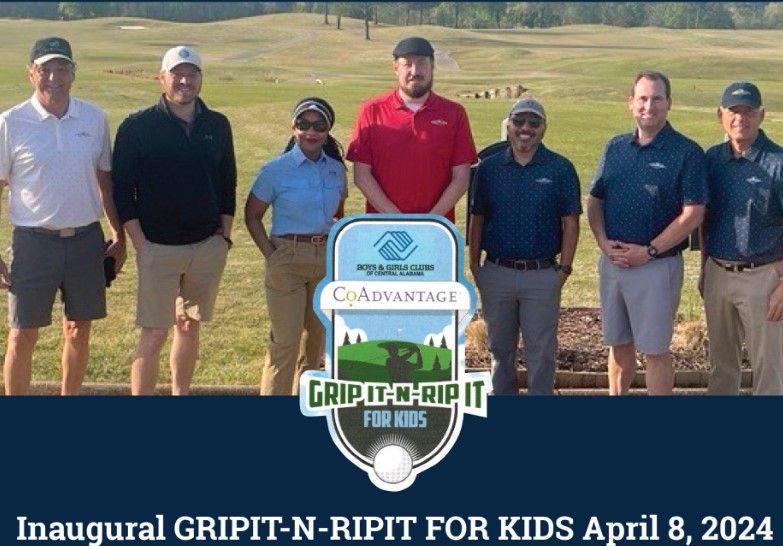 Seven adults pose together on a golf course with green grass and rolling hills. A “GRIPIT-N-RIPIT FOR KIDS” event logo and event details are shown at the bottom of the image.