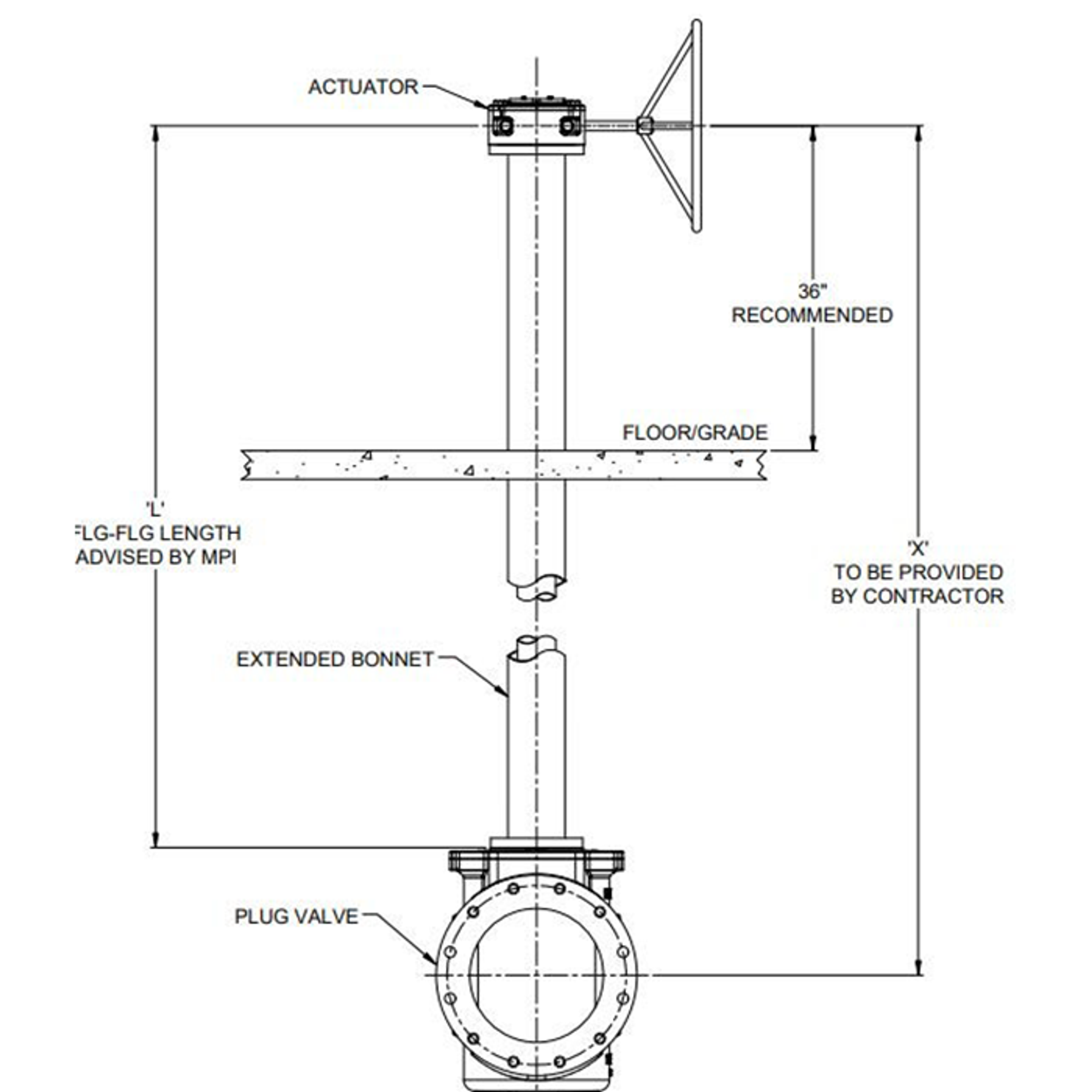 Technical diagram showing a vertical actuator above a plug valve, passing through a floor/grade. Dimensions and component labels include actuator, extended bonnet, and plug valve, with specified installation heights and notes.