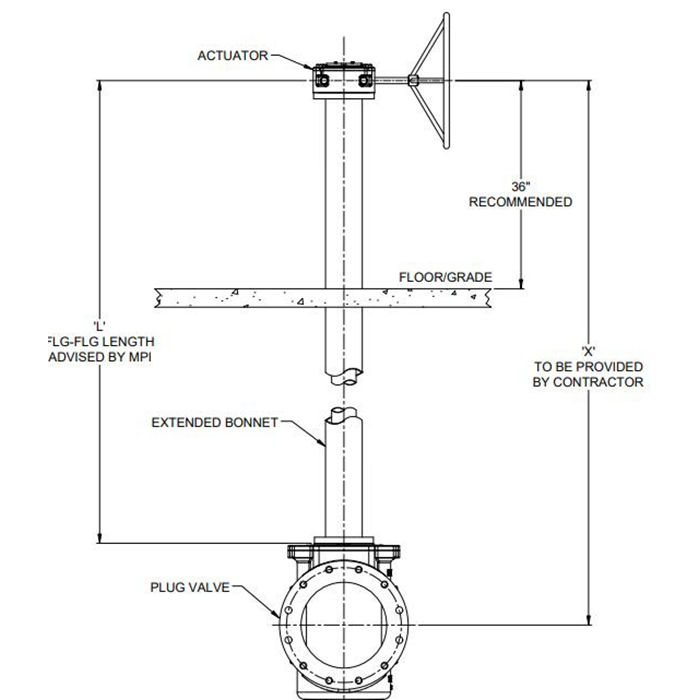 Technical diagram showing a vertical actuator above a plug valve, passing through a floor/grade. Dimensions and component labels include actuator, extended bonnet, and plug valve, with specified installation heights and notes.