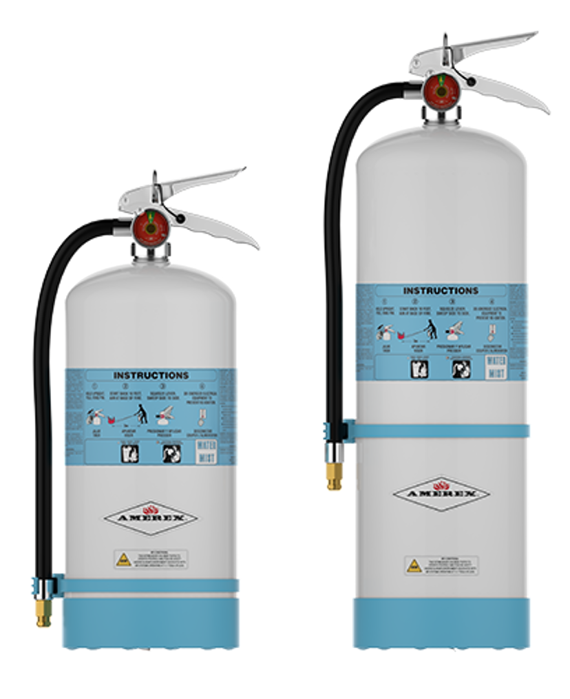 Two white fire extinguishers with blue labels and bases are shown side by side. Each has a black hose, silver handle, and detailed instruction labels on the front.