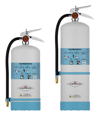 Two white fire extinguishers with blue labels and bases are shown side by side. Each has a black hose, silver handle, and detailed instruction labels on the front.