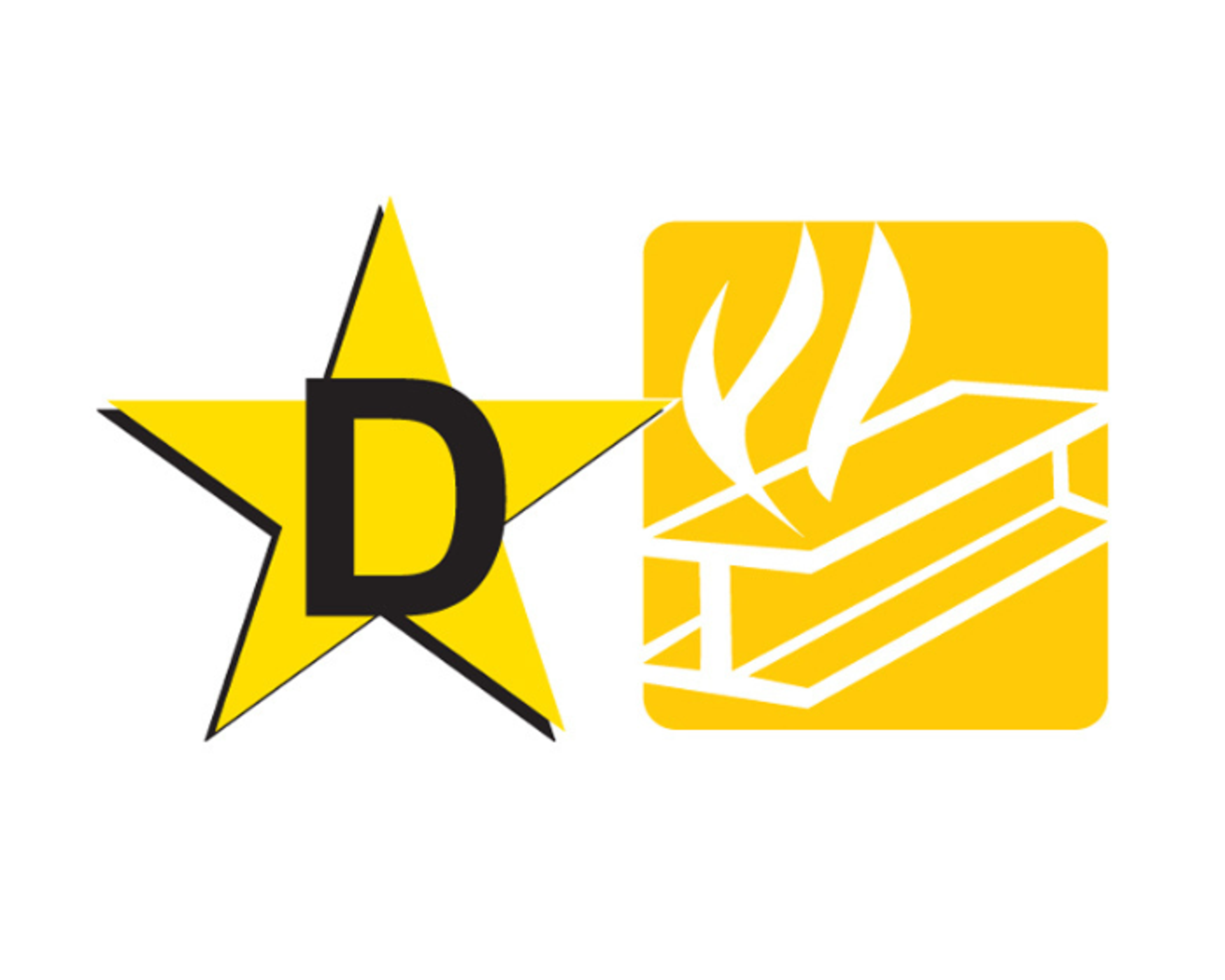 A yellow star with a black “D” next to a yellow square showing two steaming books, symbolizing a library or hot books.