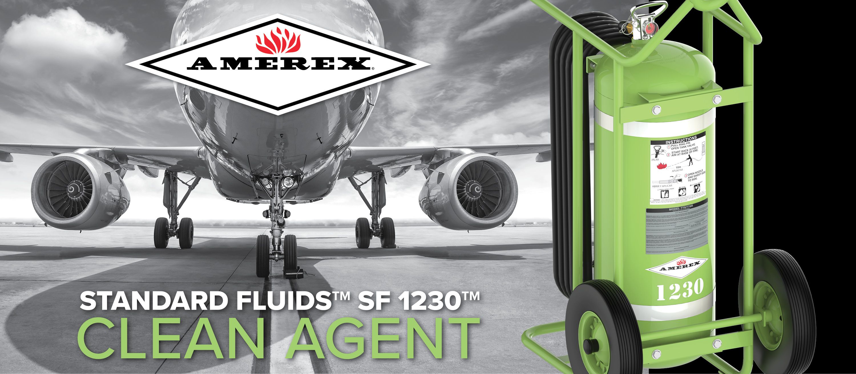 A green Amerex 1230 clean agent fire extinguisher is in front of a jet airplane. The Amerex logo is above the extinguisher.
