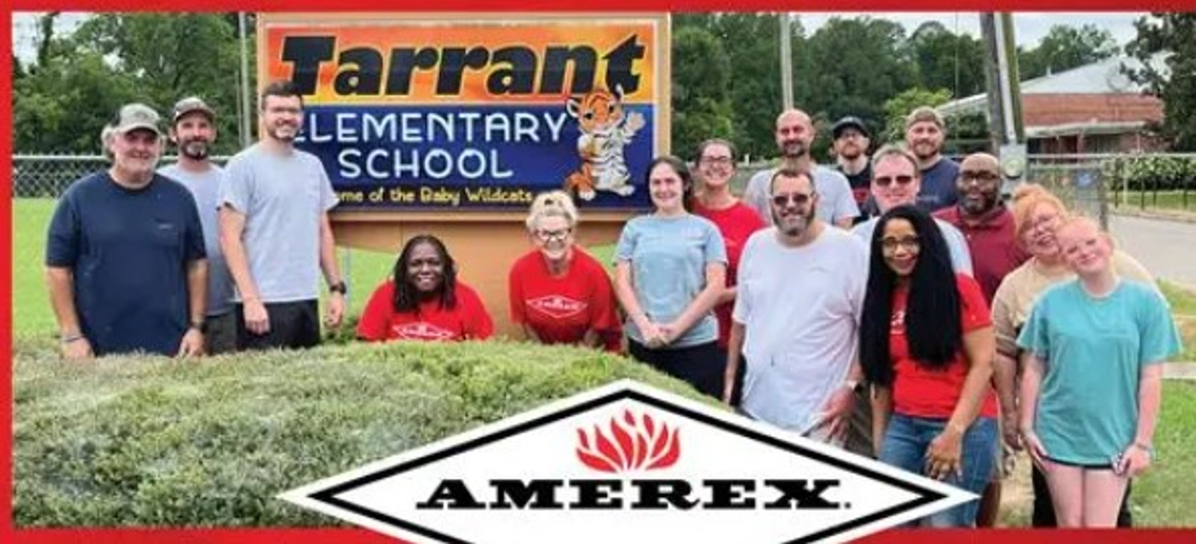 A group of adults pose and smile in front of a sign reading “Tarrant Elementary School” with trees in the background. An Amerex logo is visible at the bottom of the image.