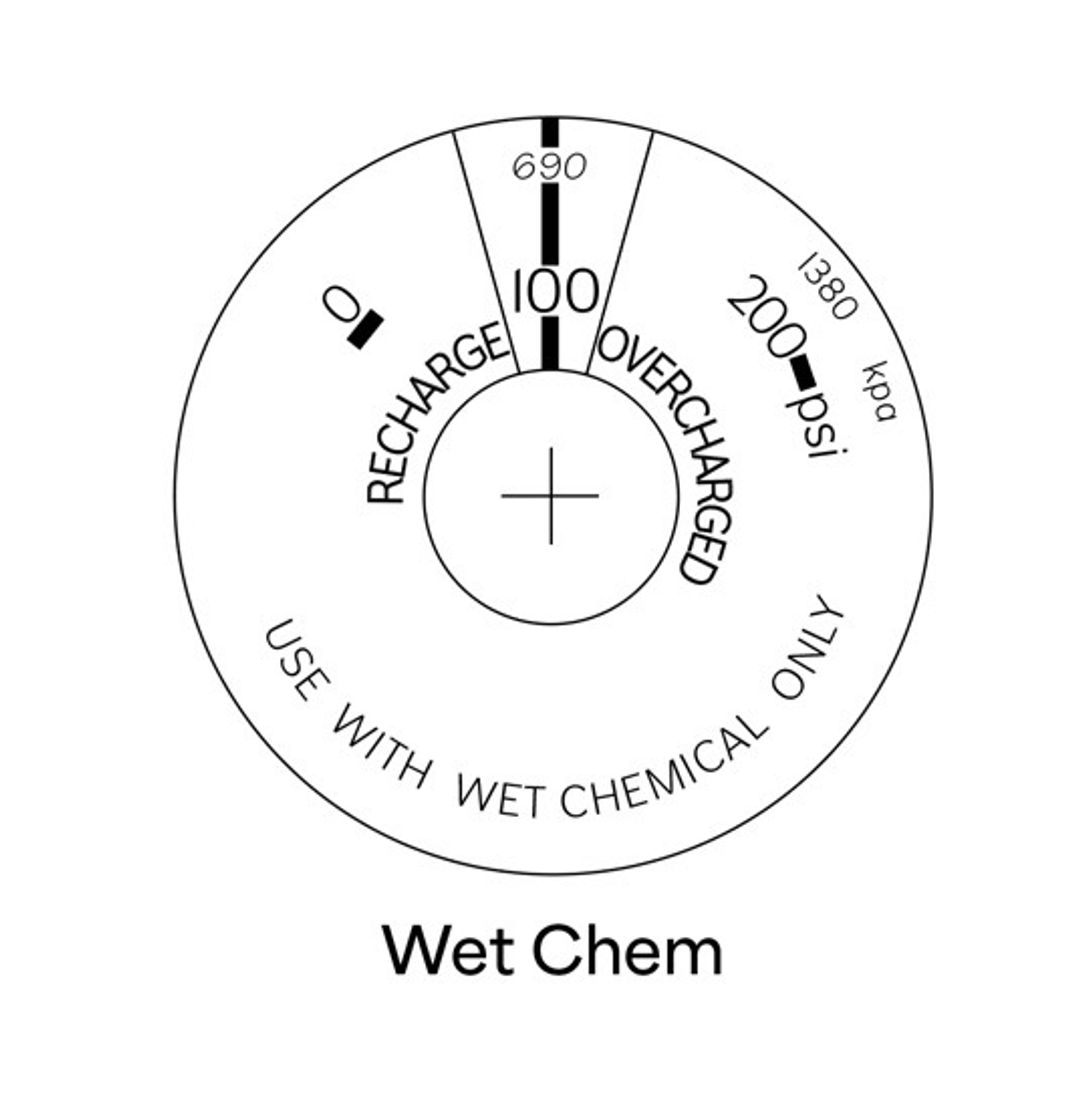 Circular gauge labeled “Wet Chem” with sections for “Recharge” and “Overcharged.” Pressure values are 0, 100, and 200 psi, and 690 and 1380 kPa. Text at bottom reads “USE WITH WET CHEMICAL ONLY.”.