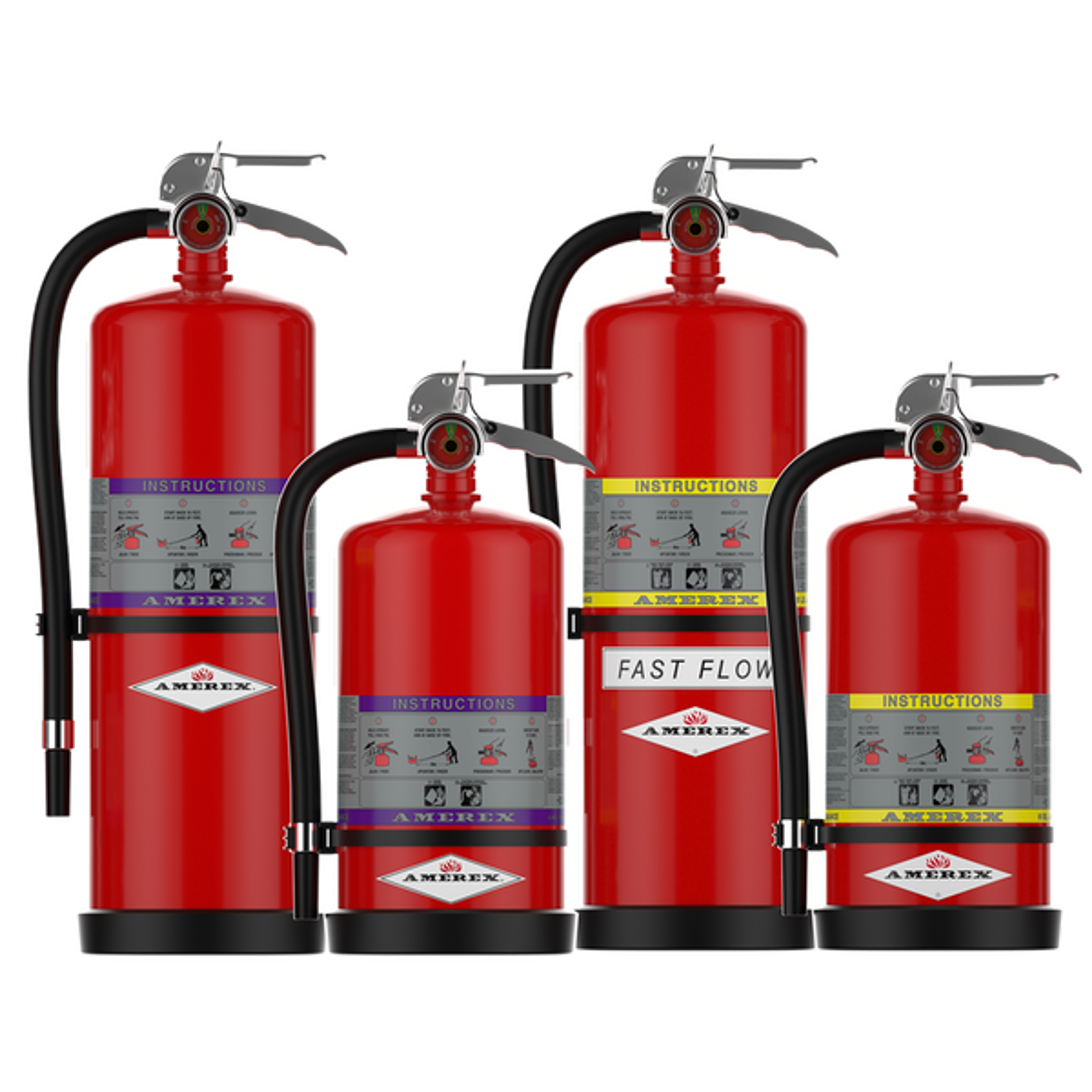 Four red fire extinguishers of varying sizes are arranged side by side. Each has labels with instructions and black hoses, set against a white background.