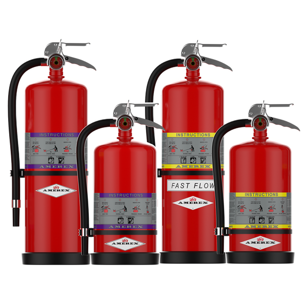 Four red fire extinguishers of varying sizes are arranged side by side. Each has labels with instructions and black hoses, set against a white background.