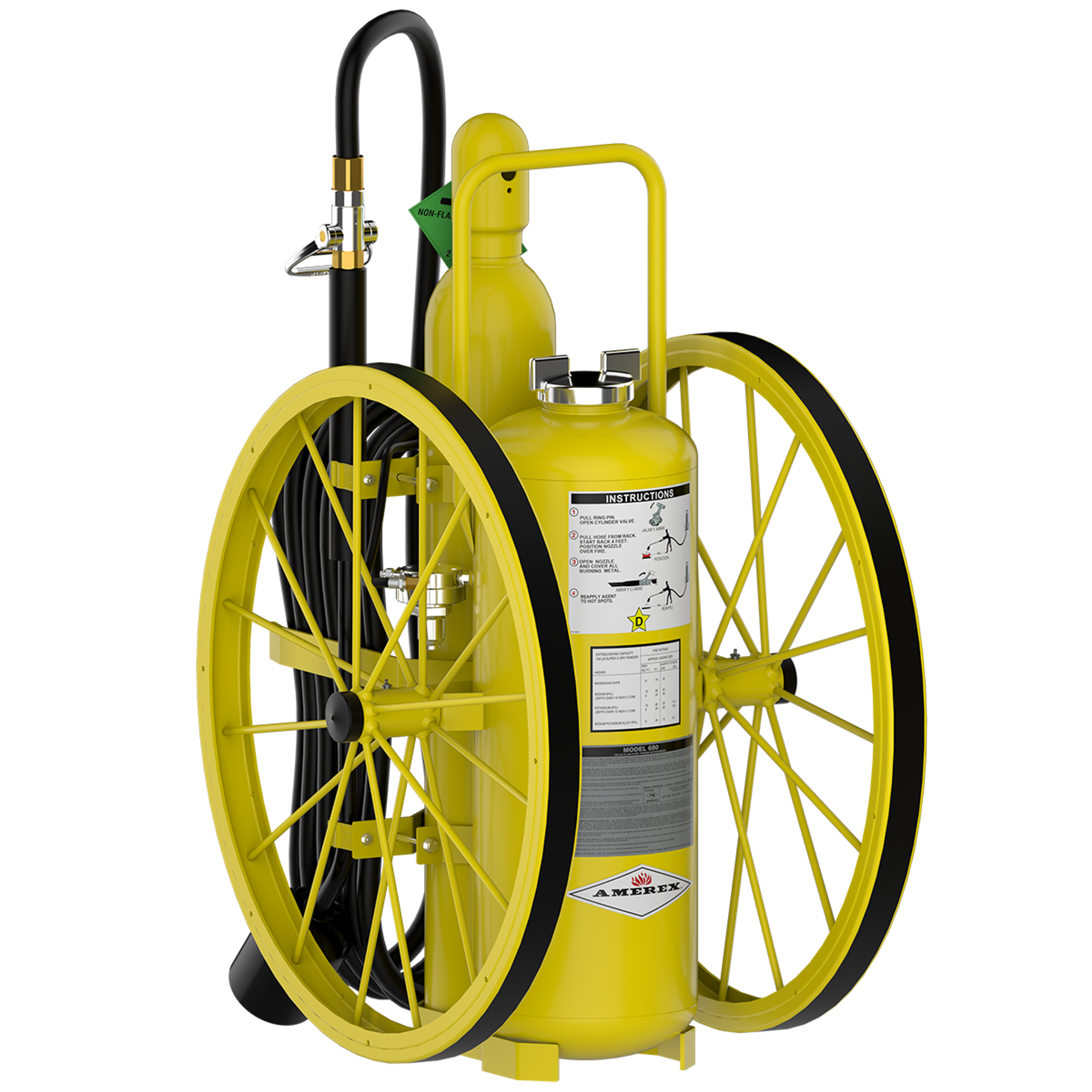 A yellow wheeled fire extinguisher with large black-rimmed wheels, a black hose, and a metal handle, shown on a white background.