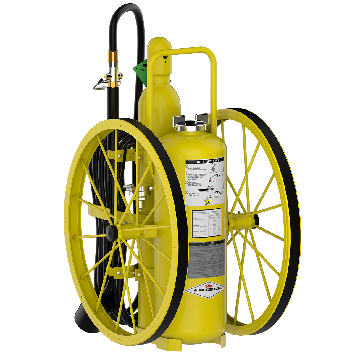 A yellow wheeled fire extinguisher with large black-rimmed wheels, a black hose, and a metal handle, shown on a white background.