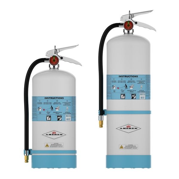Two white and blue fire extinguishers with black hoses and instruction labels are shown standing upright against a white background.