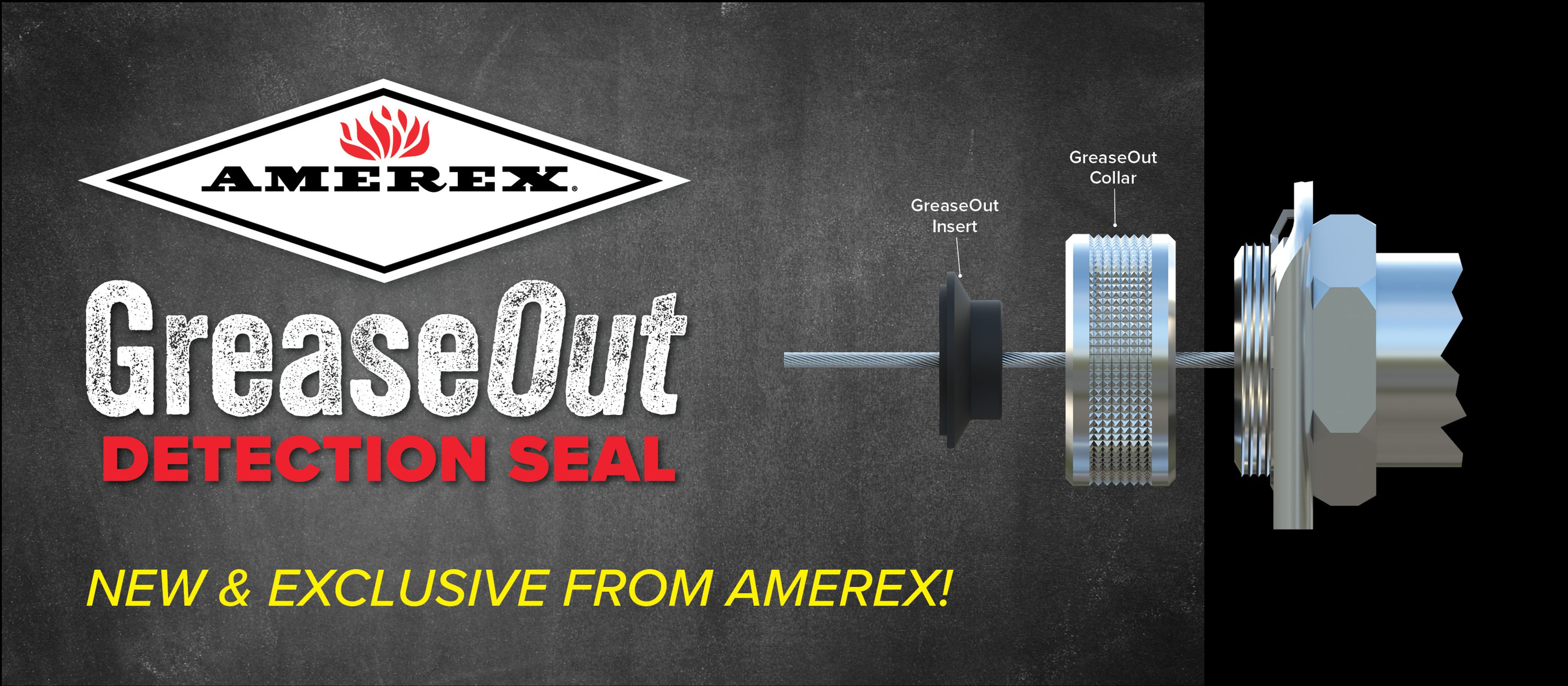AMEREX GreaseOut Detection Seal components shown on a dark background with bold text: “NEW &amp; EXCLUSIVE FROM AMEREX!” and labeled diagram of the seal parts.