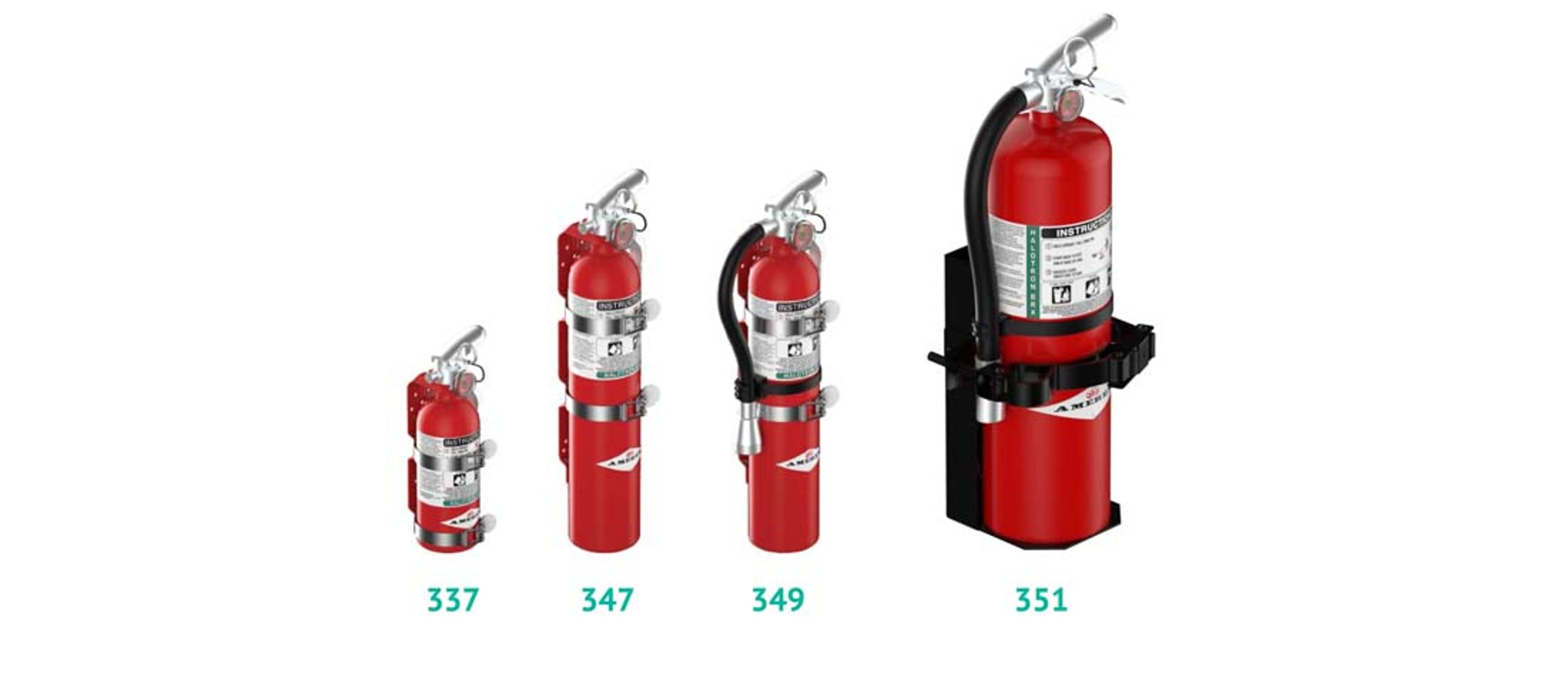 Four red fire extinguishers of increasing size labeled 337, 347, 349, and 351, shown side by side with mounting brackets visible.