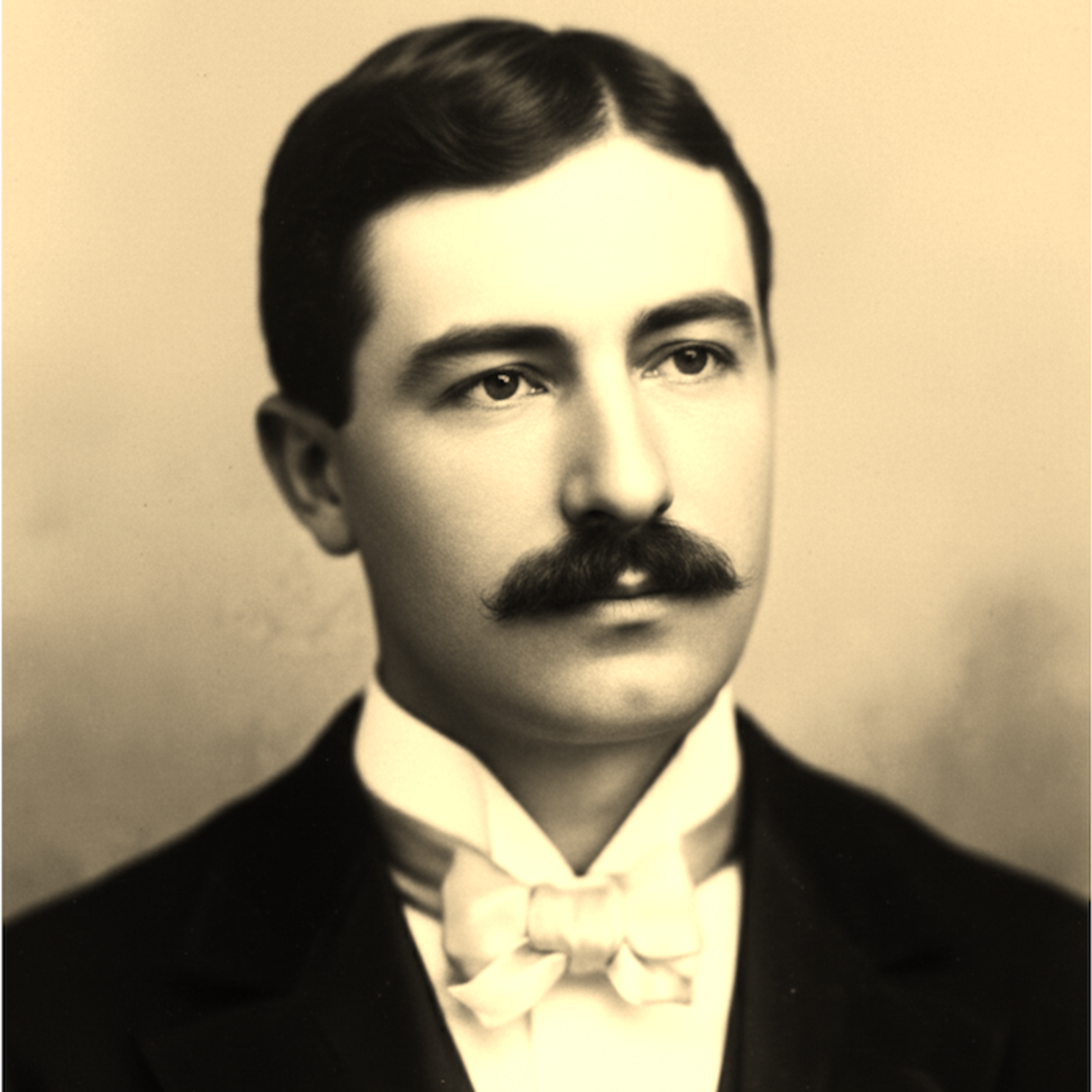 A sepia-toned portrait of a young man with dark hair, a mustache, and wearing a suit, white shirt, and bow tie, gazing slightly to the side against a plain background.