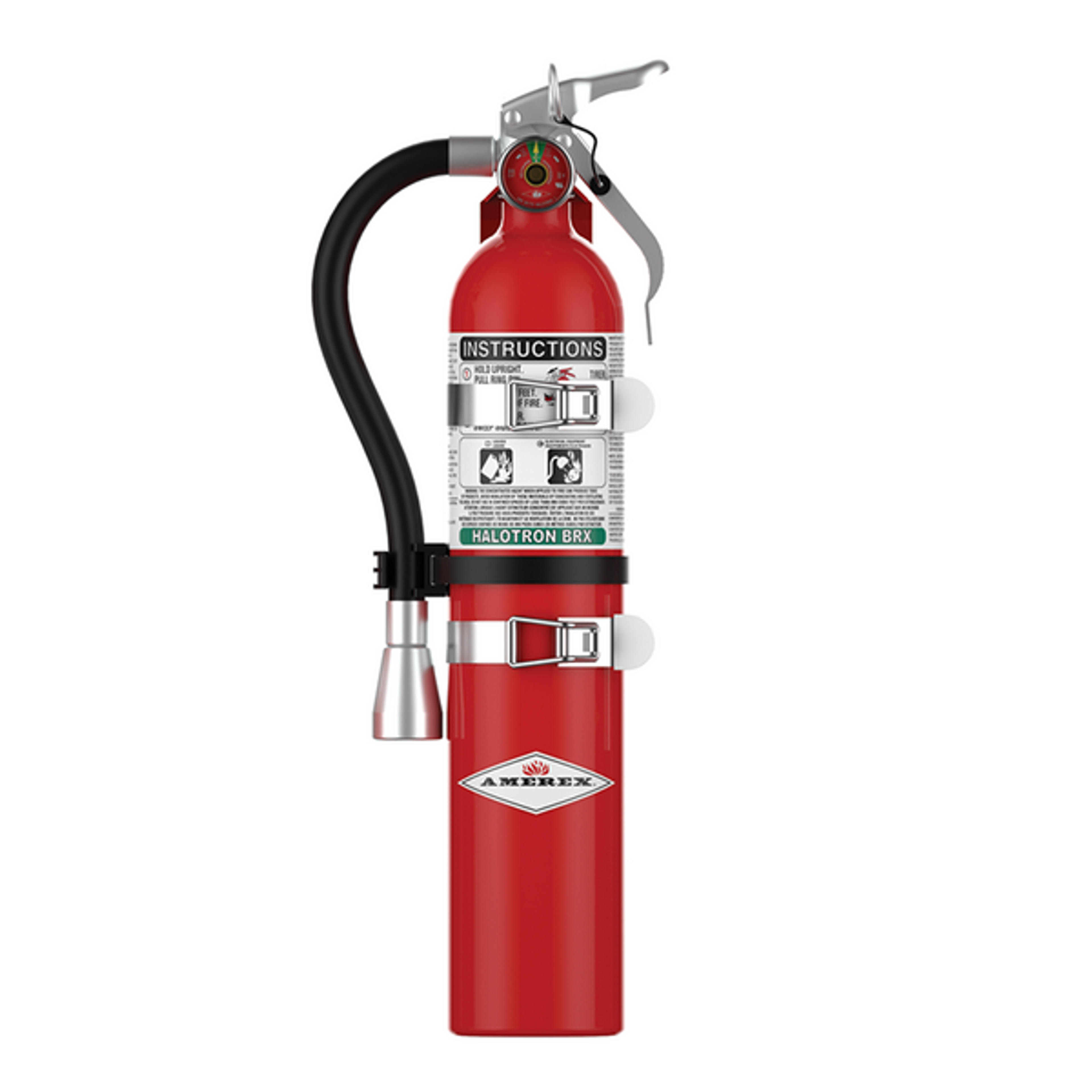 Red Halotron fire extinguisher with a black hose, instructions label, and silver handle against a white background.