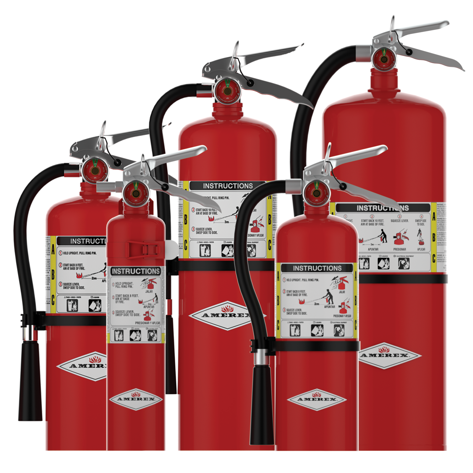 Five red fire extinguishers of various sizes are grouped together. Each has a black hose, a pressure gauge, and instruction labels with diagrams on the front. They are standing upright against a white background.