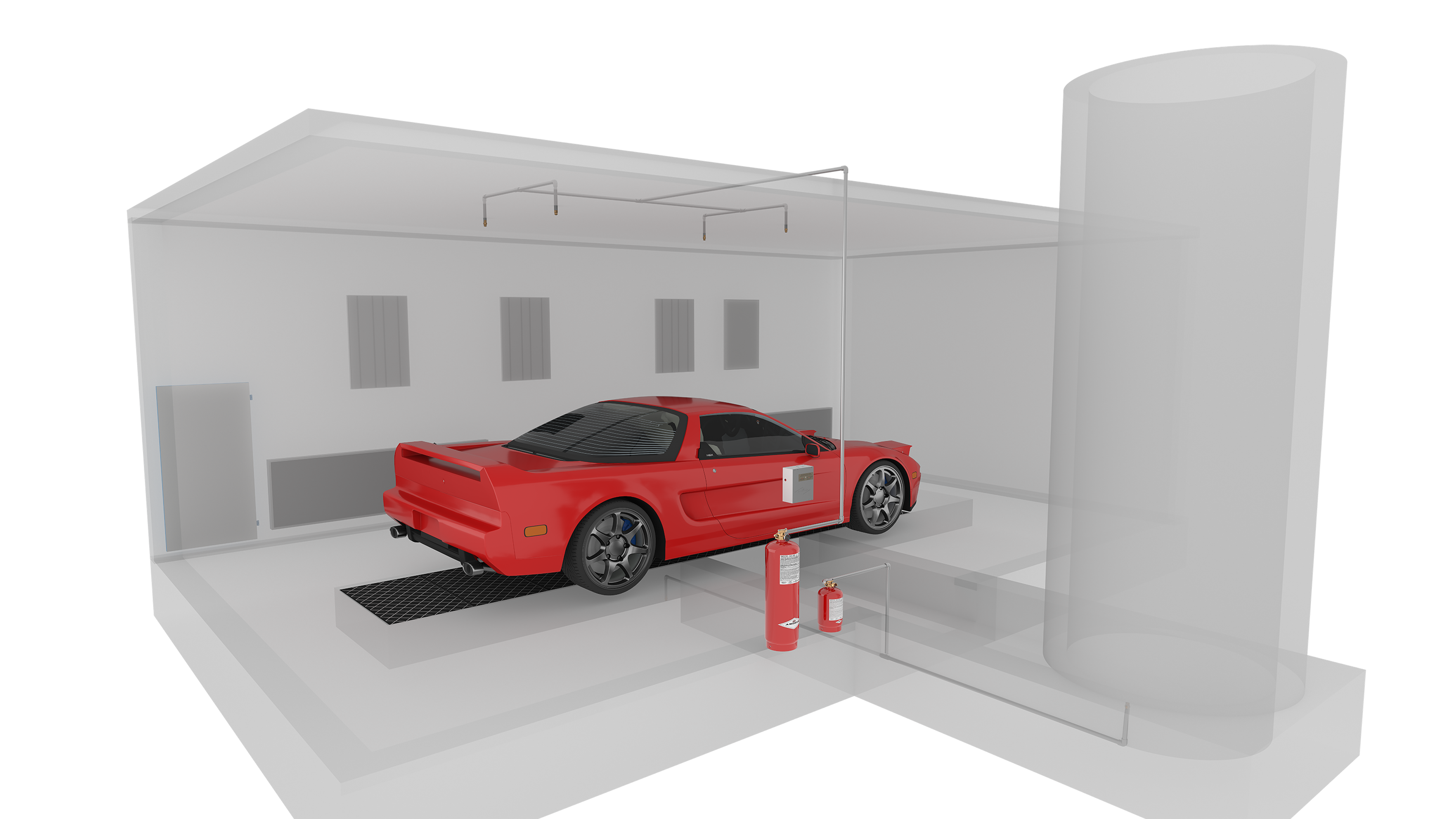 A red sports car is parked inside a modern, glass-walled garage. Fire extinguishers are visible near the car, and the garage has a minimal, clean design with overhead fixtures and large cylindrical tanks.