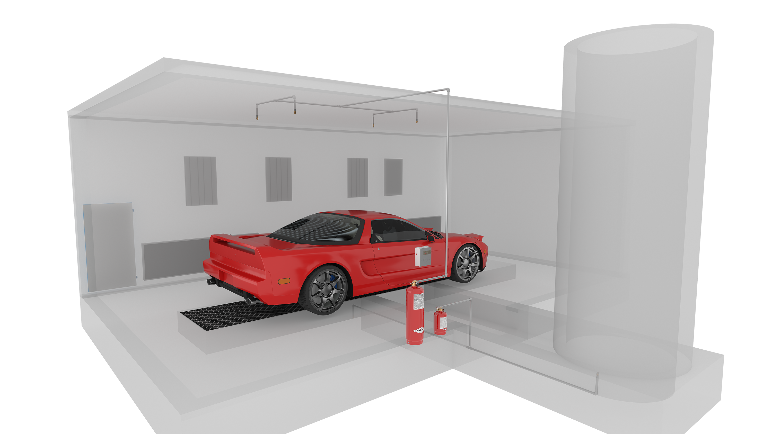 A red sports car is parked inside a modern, glass-walled garage. Fire extinguishers are visible near the car, and the garage has a minimal, clean design with overhead fixtures and large cylindrical tanks.
