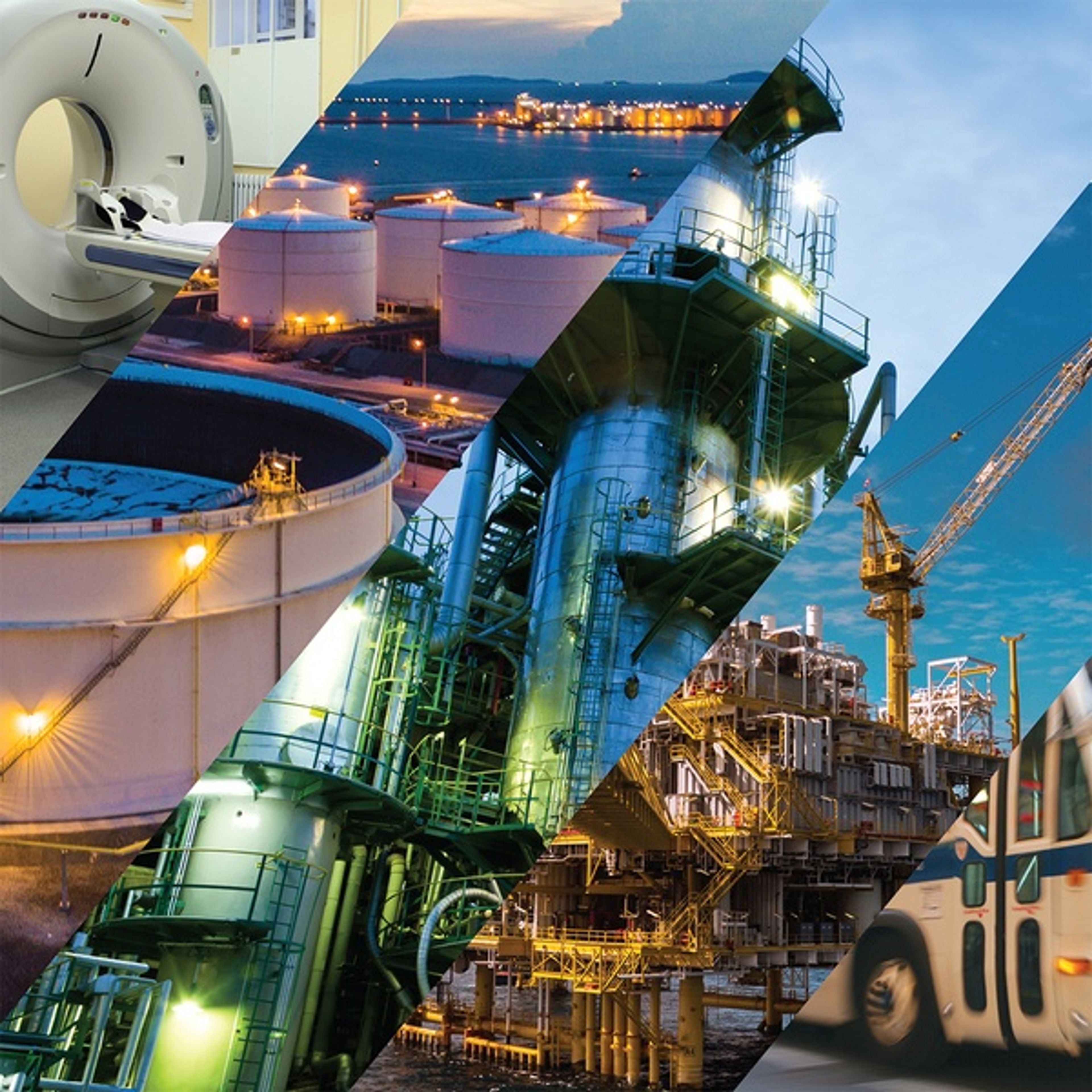 Collage of industrial scenes: a CT scanner, storage tanks by water, an oil refinery, offshore drilling platform, and a city bus, representing various sectors of industry and technology.