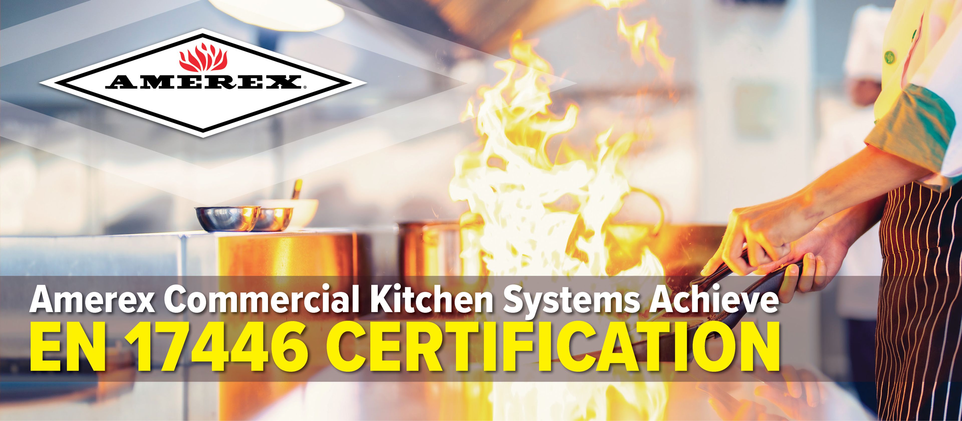 Chef cooking near large flames in a commercial kitchen. Amerex logo at the top left