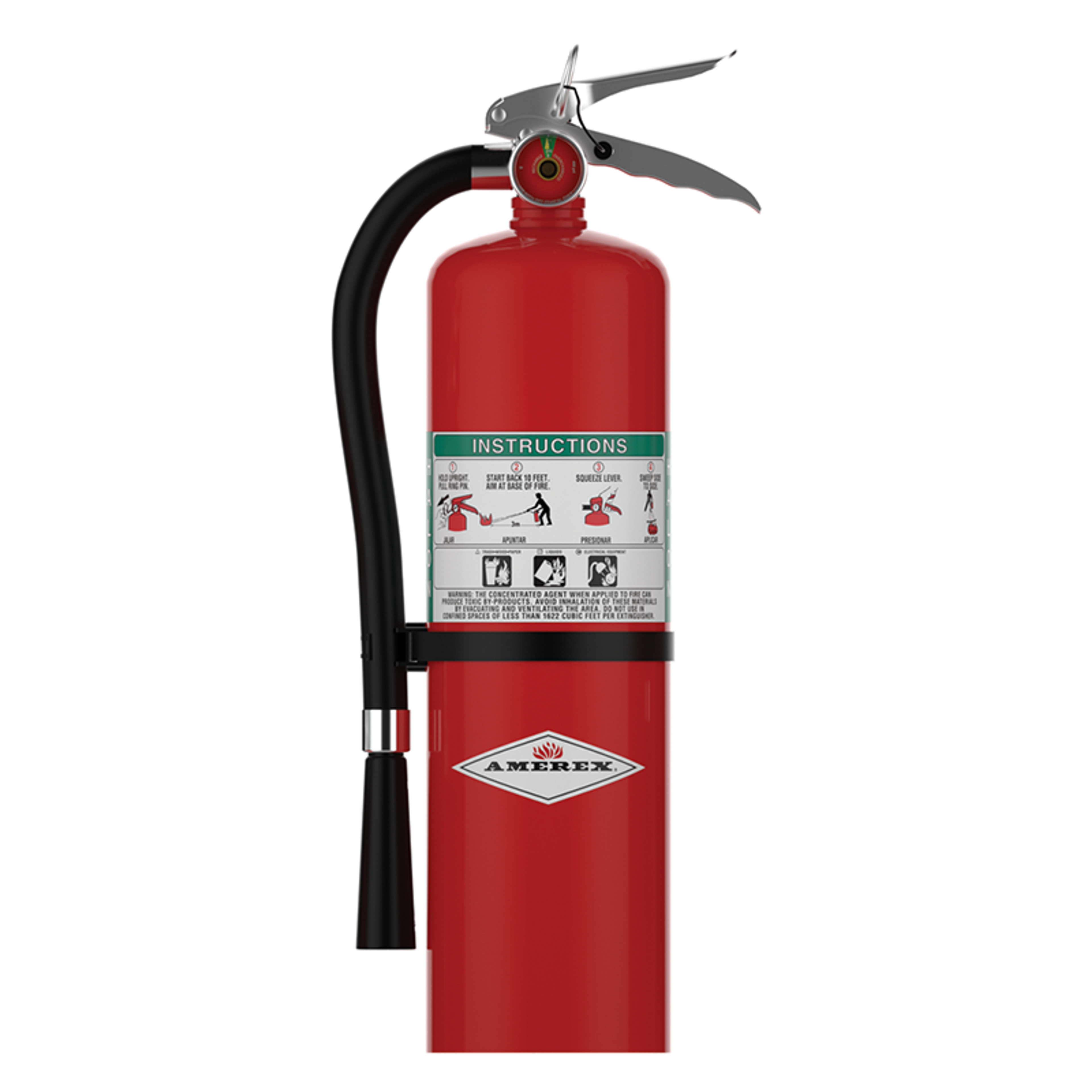 A red fire extinguisher with a black hose and a silver handle, featuring an instruction label and the Amerex logo on the front, shown on a white background.