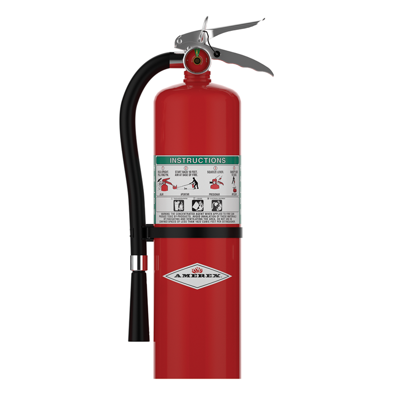 A red fire extinguisher with a black hose and a silver handle, featuring an instruction label and the Amerex logo on the front, shown on a white background.