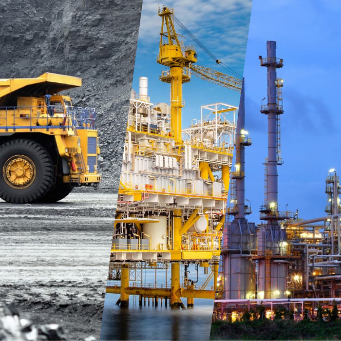 A collage showing a mining dump truck, an offshore oil rig, and an industrial refinery