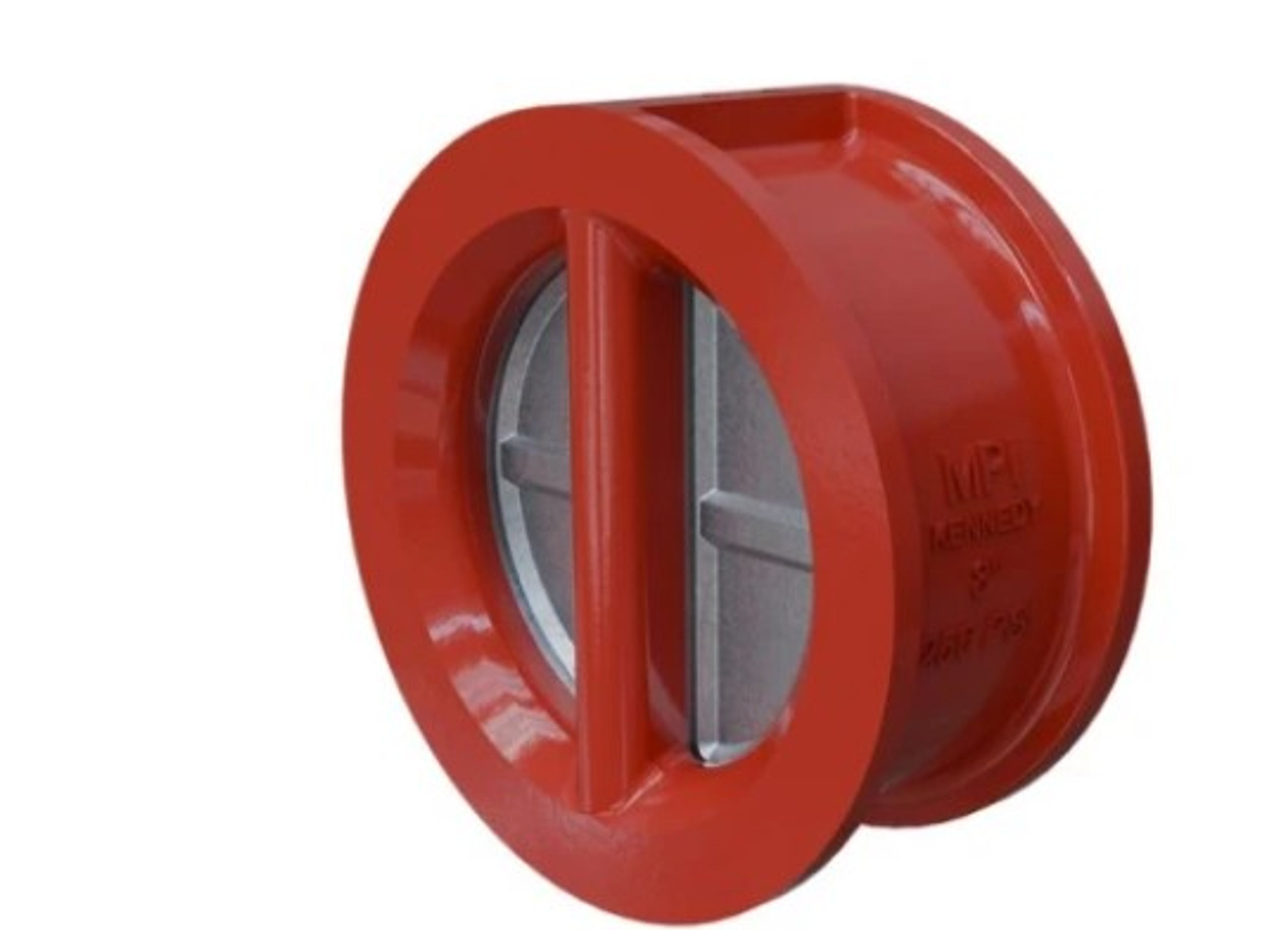 A red, circular industrial check valve with a metal disc in the center, designed to control fluid flow in a pipeline.