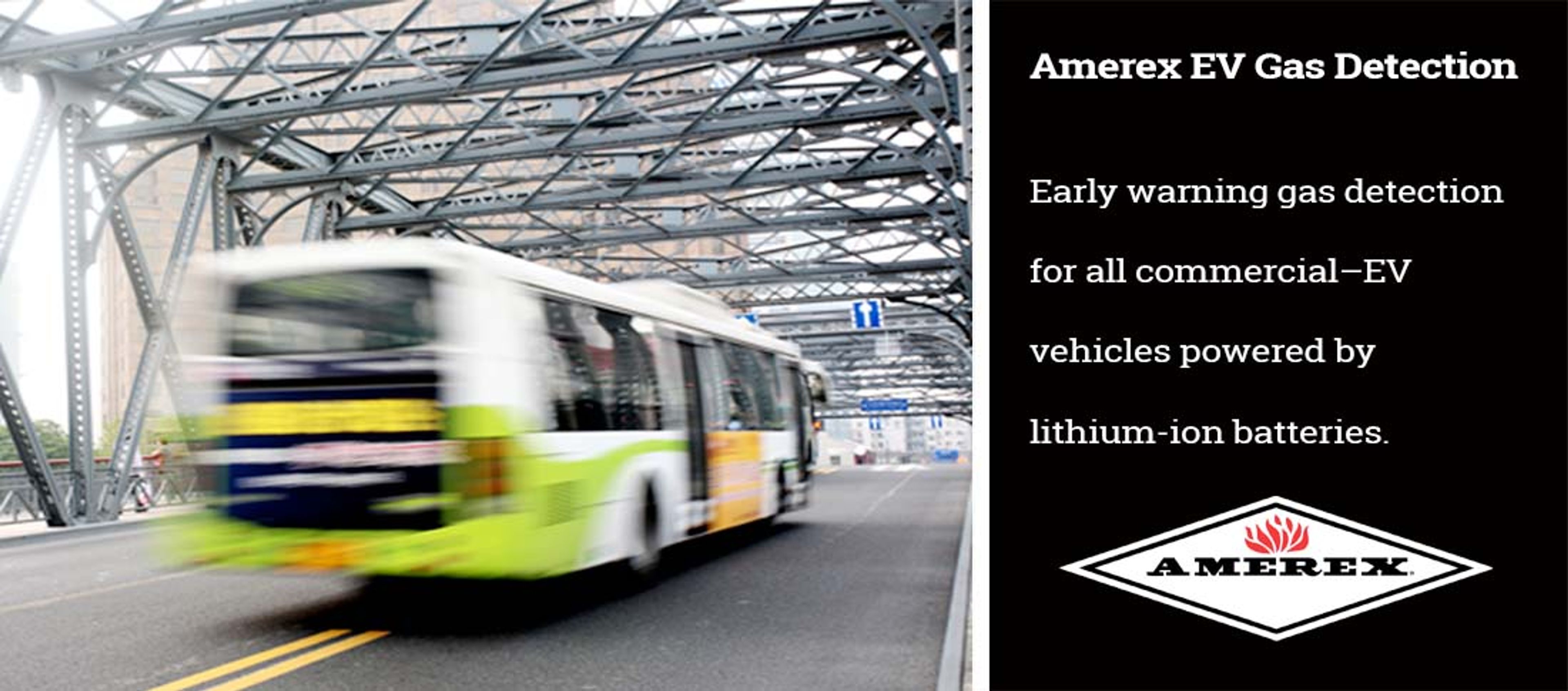 A blurred city bus crosses a steel bridge. Overlay text promotes Amerex EV gas detection for commercial electric vehicles with lithium-ion batteries. Amerex logo appears at bottom right.