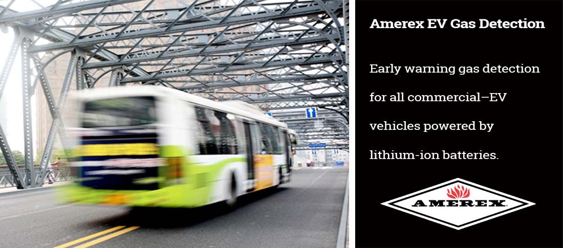 A blurred city bus crosses a steel bridge. Overlay text promotes Amerex EV gas detection for commercial electric vehicles with lithium-ion batteries. Amerex logo appears at bottom right.