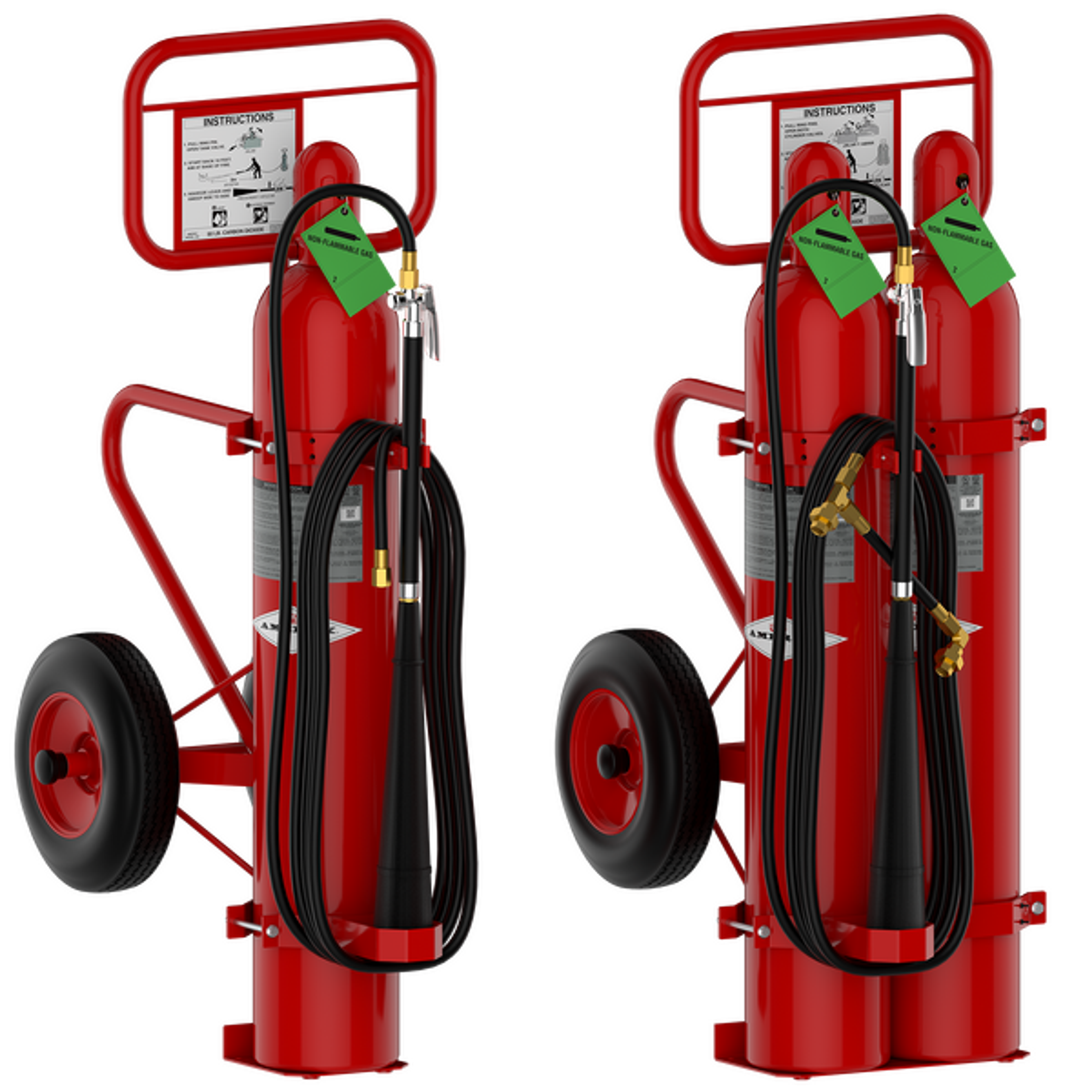 Two red wheeled fire extinguishers with black hoses, instructional labels, and green safety tags, standing upright side by side against a white background.