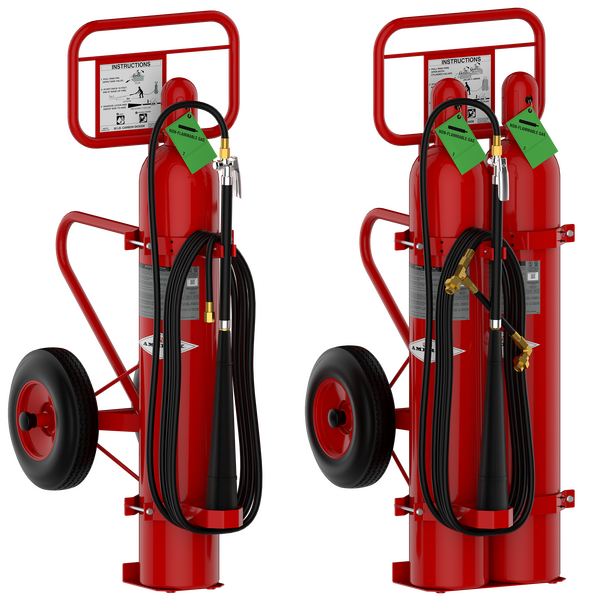 Two red wheeled fire extinguishers with black hoses, instructional labels, and green safety tags, standing upright side by side against a white background.