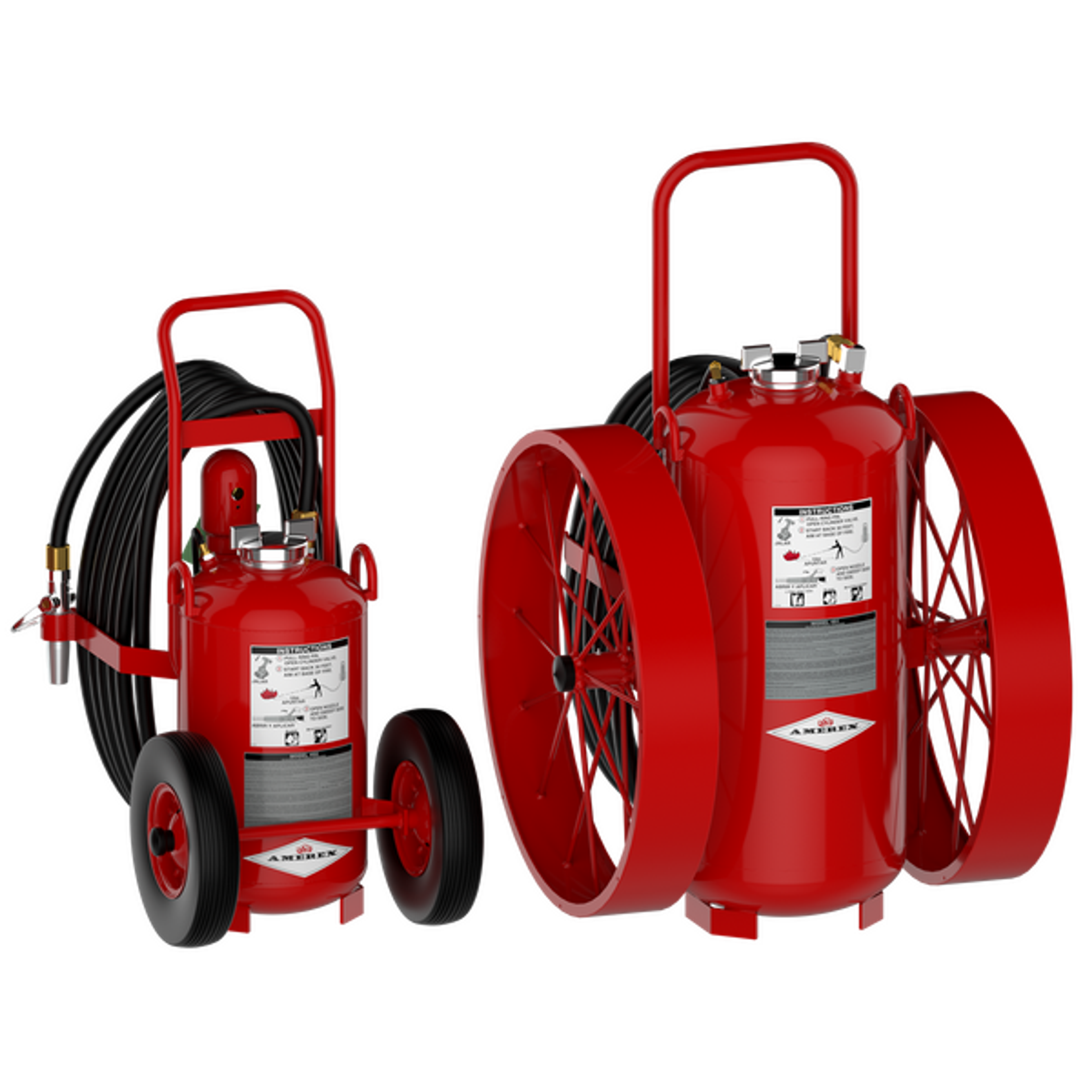 Two red wheeled fire extinguishers with black hoses and metal handles are shown. One extinguisher is larger with bigger wheels, while the other is smaller with a compact design. Both have labels and safety instructions.