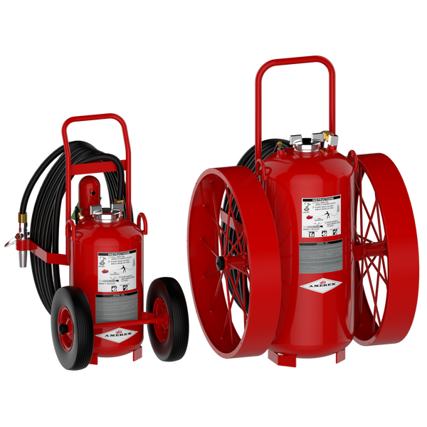 Two red wheeled fire extinguishers with black hoses and metal handles are shown. One extinguisher is larger with bigger wheels, while the other is smaller with a compact design. Both have labels and safety instructions.