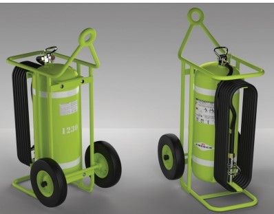 Two green wheeled fire extinguishers with black hoses and metal frames are shown, each positioned at a slightly different angle on a gray background.