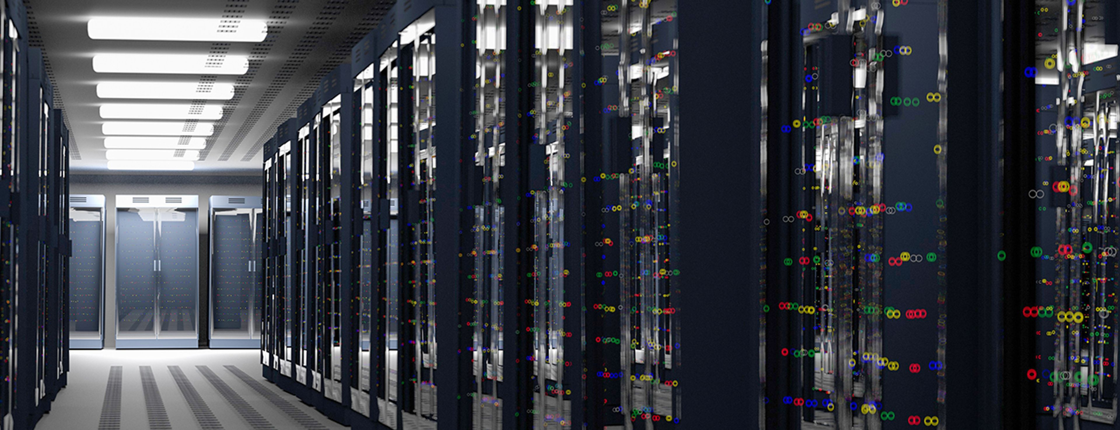 A modern data center hallway with rows of server racks, illuminated by bright overhead lighting.