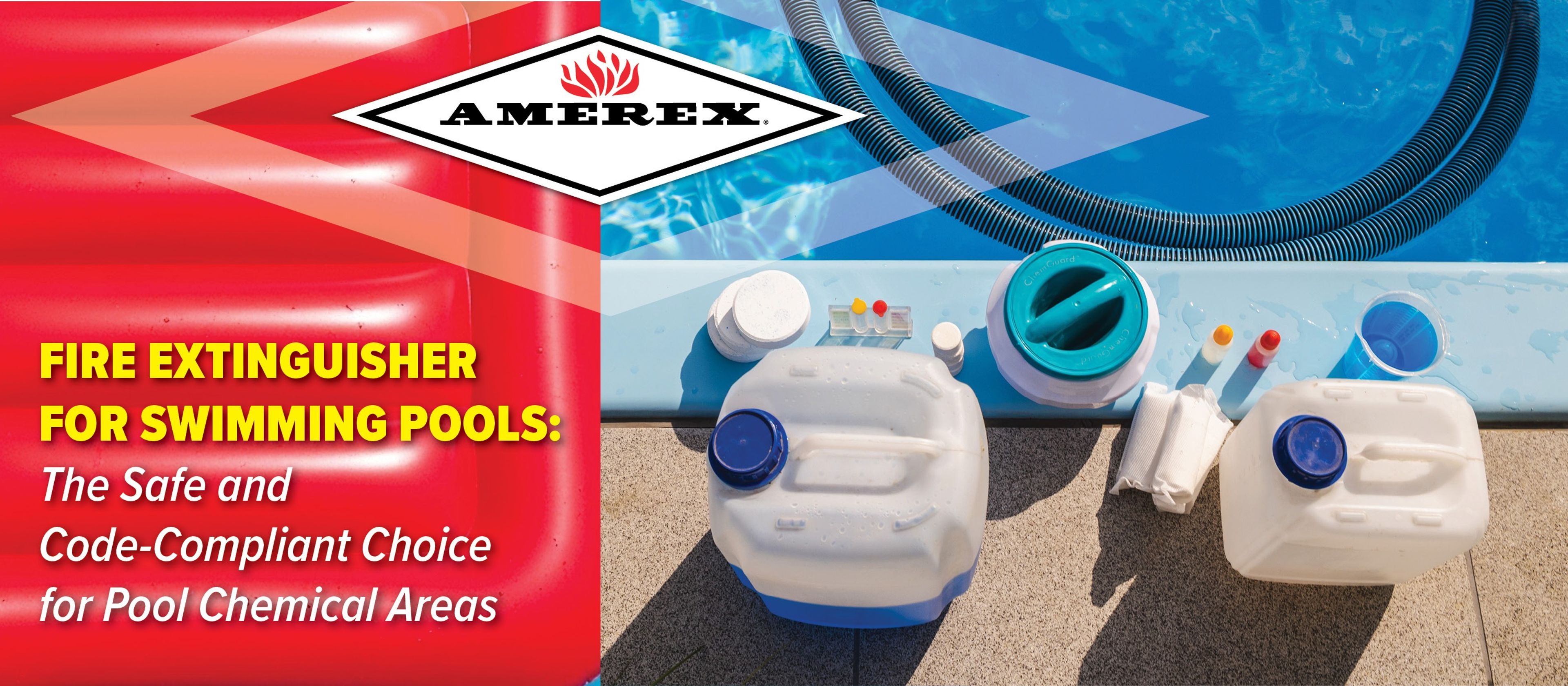 Two large chemical containers and pool cleaning items sit beside a clear blue swimming pool.