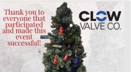 Decorated Christmas tree in front of a Clow Valve Co. logo, with red text saying, “Thank you to everyone that participated and made this event successful!”.