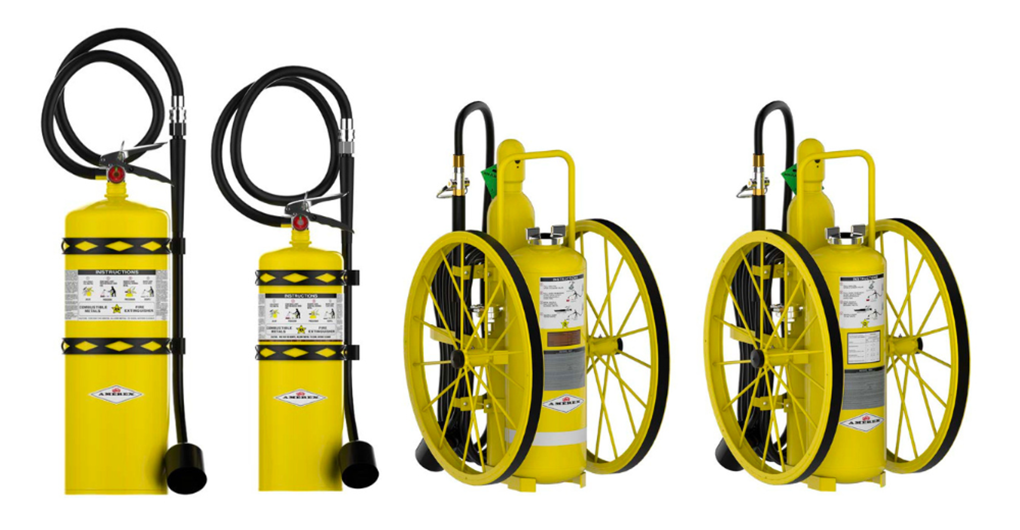 Four yellow wheeled fire extinguishers with black hoses are shown, each featuring warning labels and large wheels for mobility, arranged side by side on a white background.