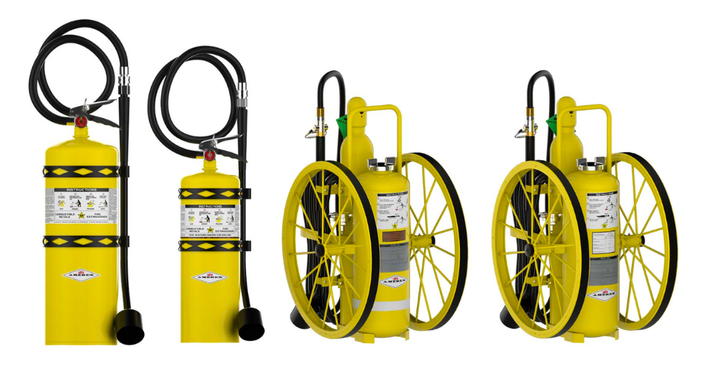 Four yellow wheeled fire extinguishers with black hoses are shown, each featuring warning labels and large wheels for mobility, arranged side by side on a white background.