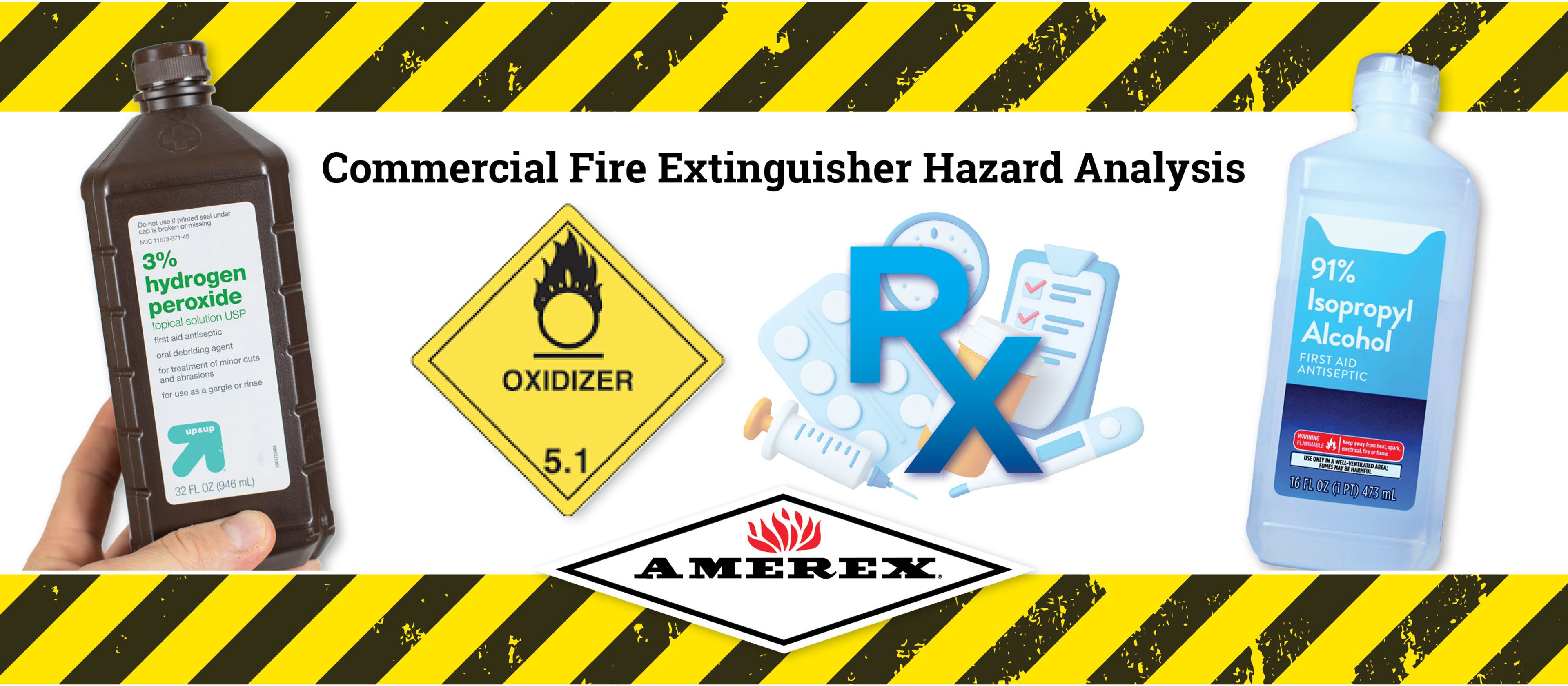 Two hands hold bottles of hydrogen peroxide and isopropyl alcohol. Between them are hazard symbols, medical icons, and the Amerex logo, all over a yellow and black caution-striped background.