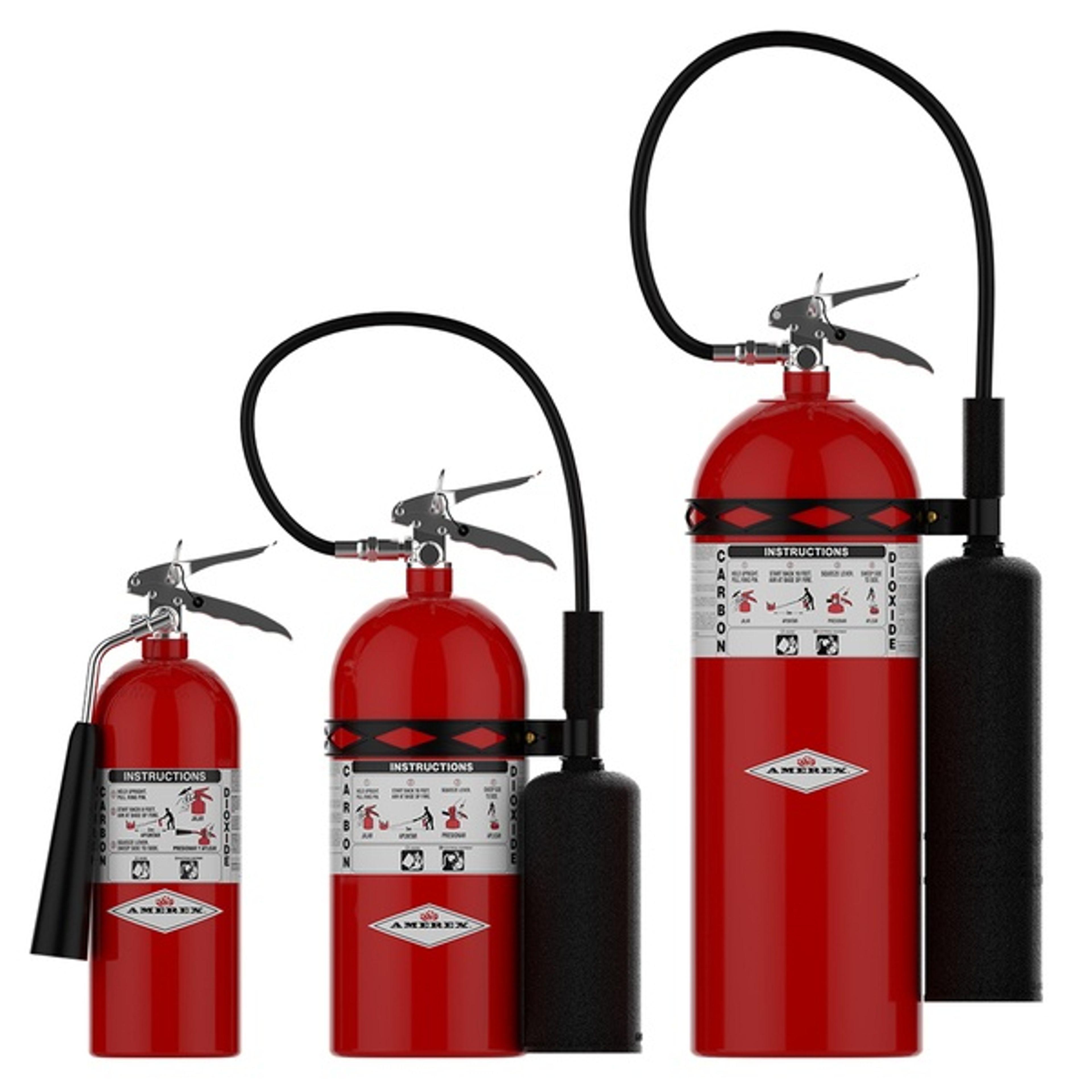 Four red fire extinguishers of varying sizes are shown standing upright. Each has a black hose and a nozzle, with labels and instructions visible on the front of each extinguisher.