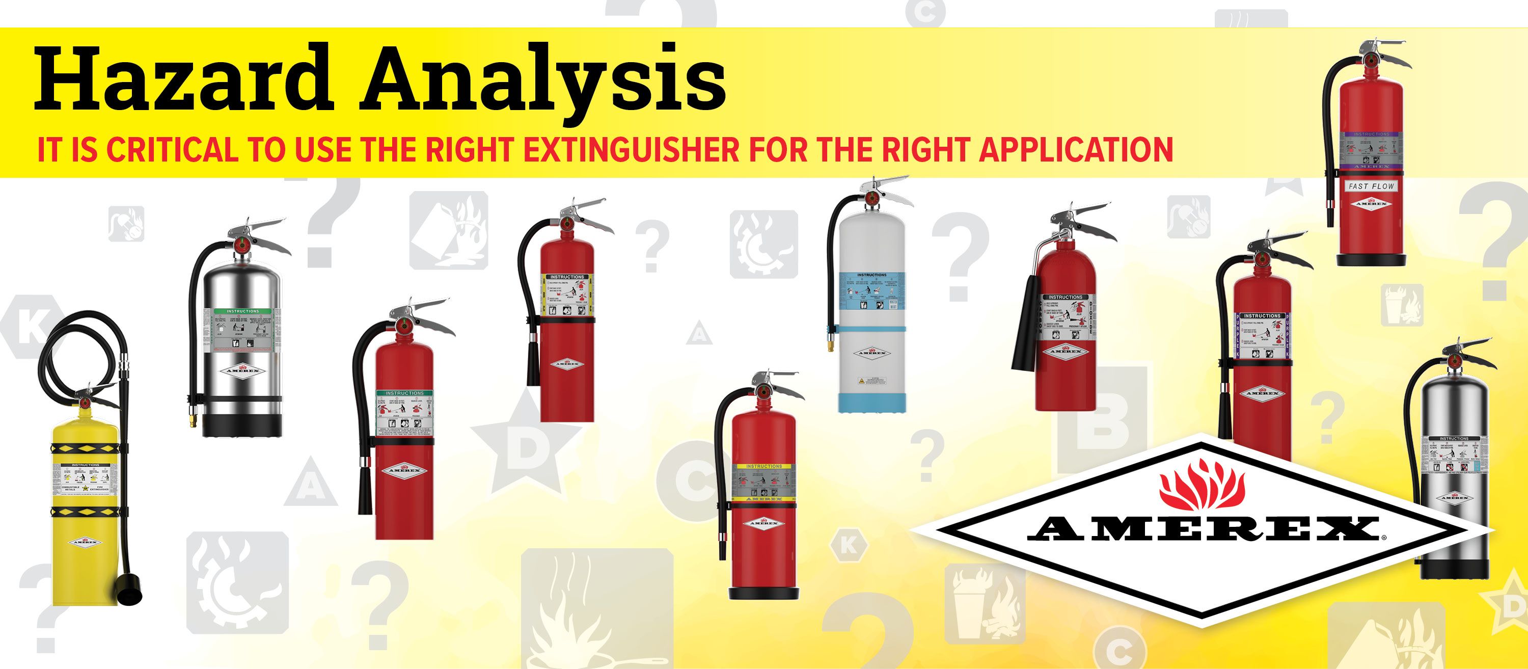 Various fire extinguishers on a yellow background with the text “Hazard Analysis: It is critical to use the right extinguisher for the right application” and the AMEREX logo shown.