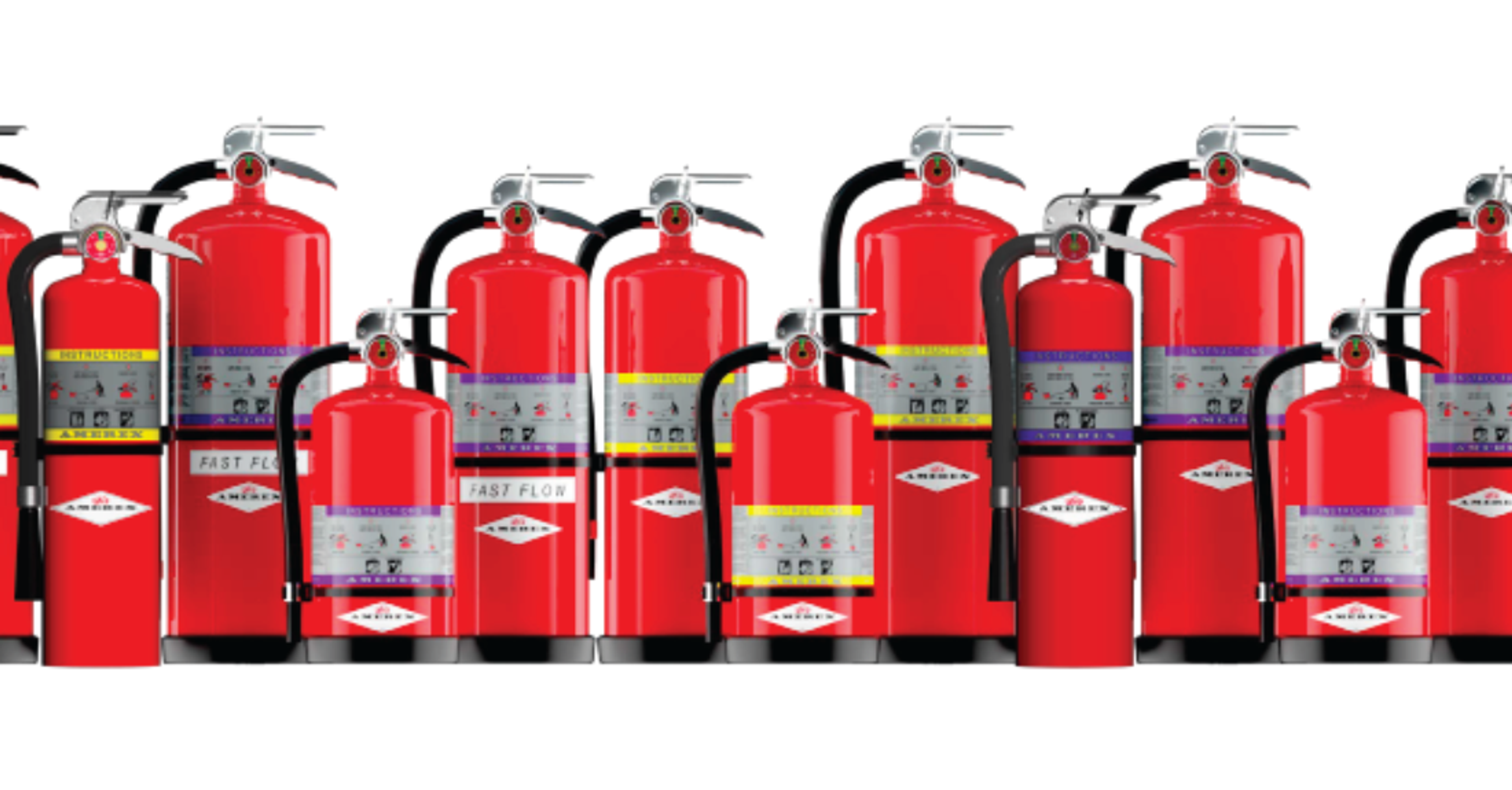 A group of red fire extinguishers of various sizes and labels are arranged in rows on a white background.