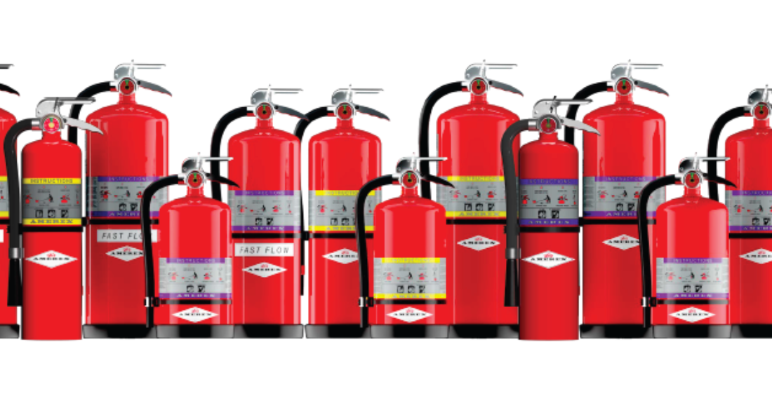 A group of red fire extinguishers of various sizes and labels are arranged in rows on a white background.