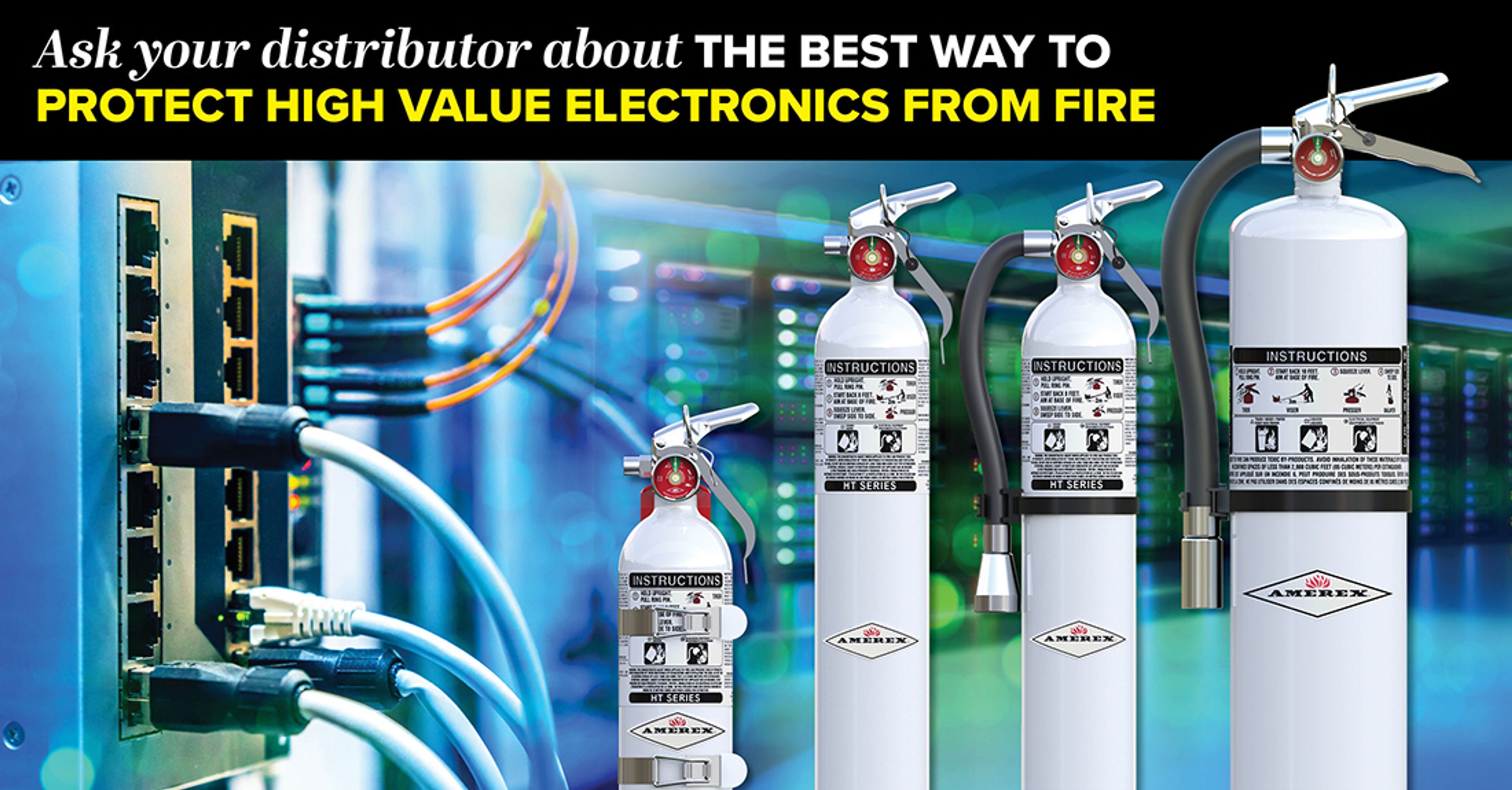 Four fire extinguishers are shown in front of computer server equipment with a highlighted text urging consultation on fire protection for high-value electronics.