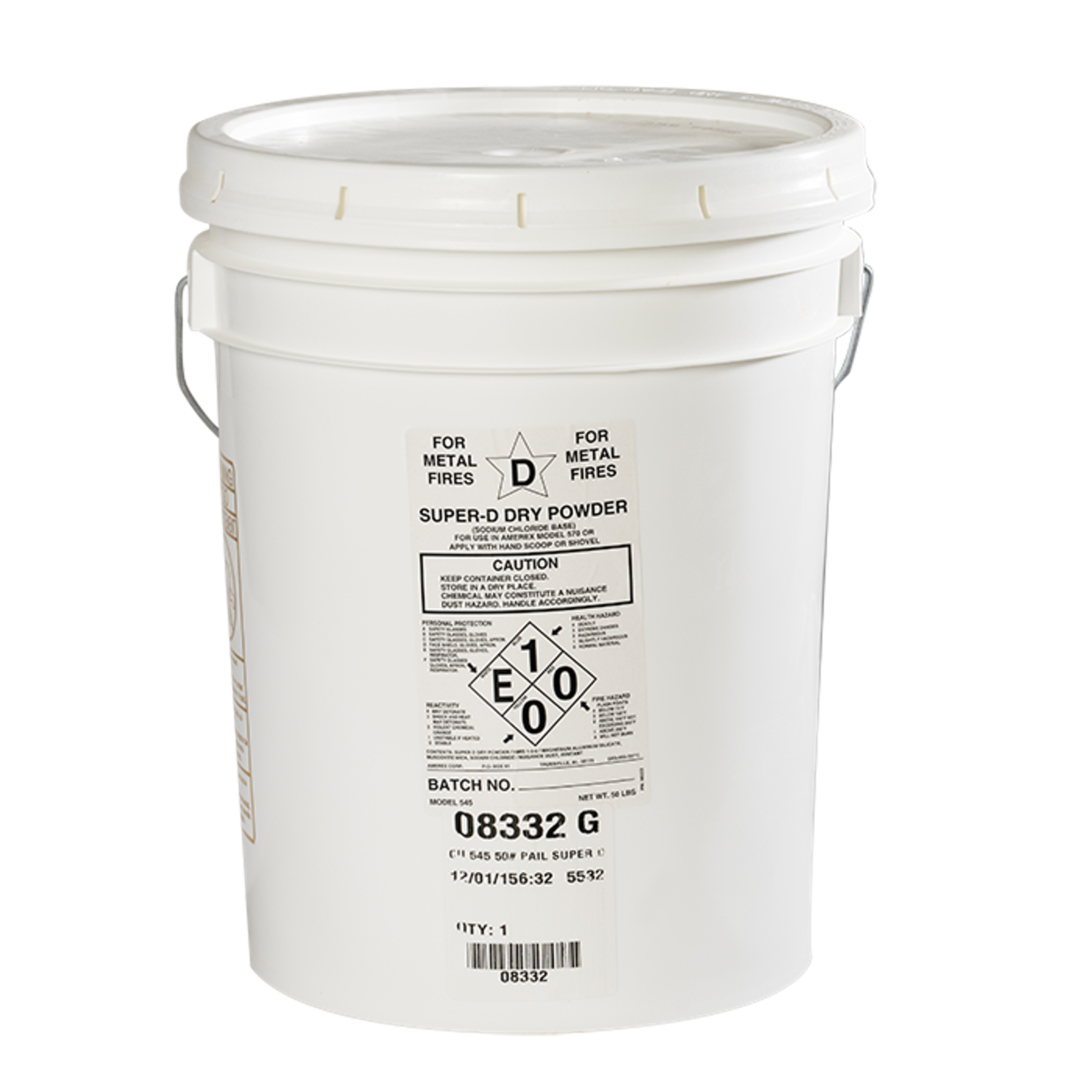 A white 5-gallon bucket labeled “Super D Dry Powder” for metal fires, with safety warnings, hazard symbols, and handling instructions printed on the front.
